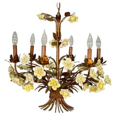 Italian Tole Metal Ceramic Rose Chandelier