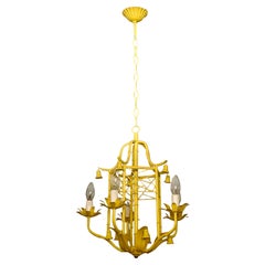Italian Tole Pagoda Chinoiserie Chandelier Yellow with Brass Finial 1970s