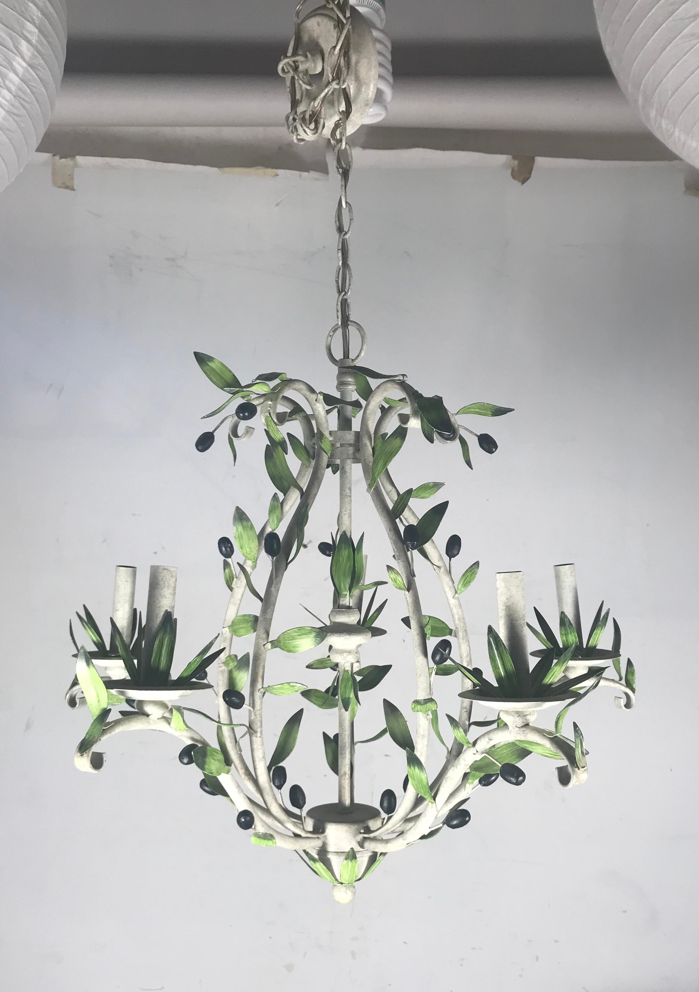 Italian Tole Painted Metal Chandelier, Olive Tree In Good Condition In Buffalo, NY