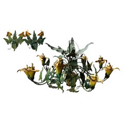 Italian Tole Painted Wrought Iron Lily Serpentine Chandelier and Wall Sconces