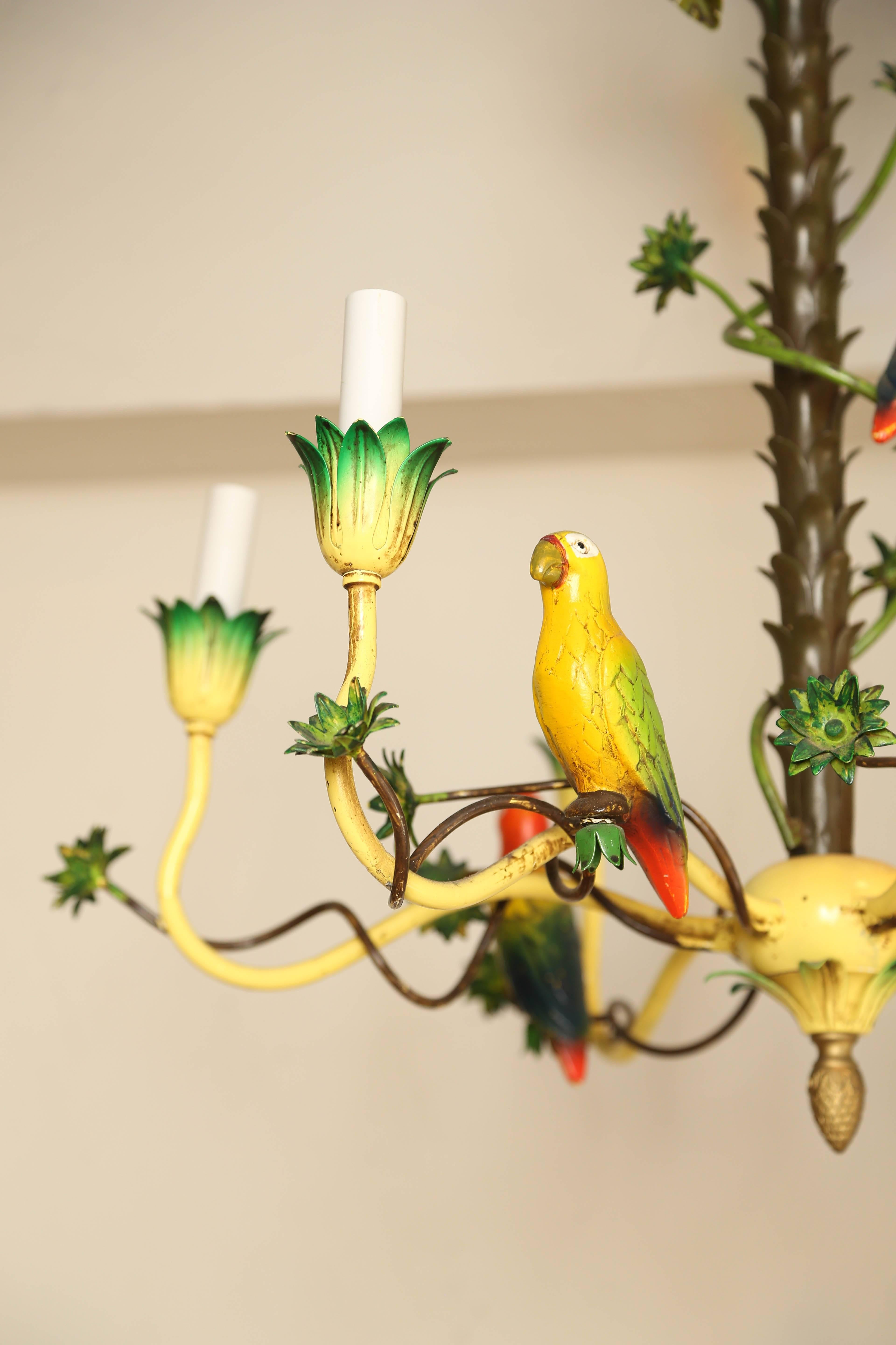 Whimsical and colorful Italian tole fixture of a palm tree with birds.
