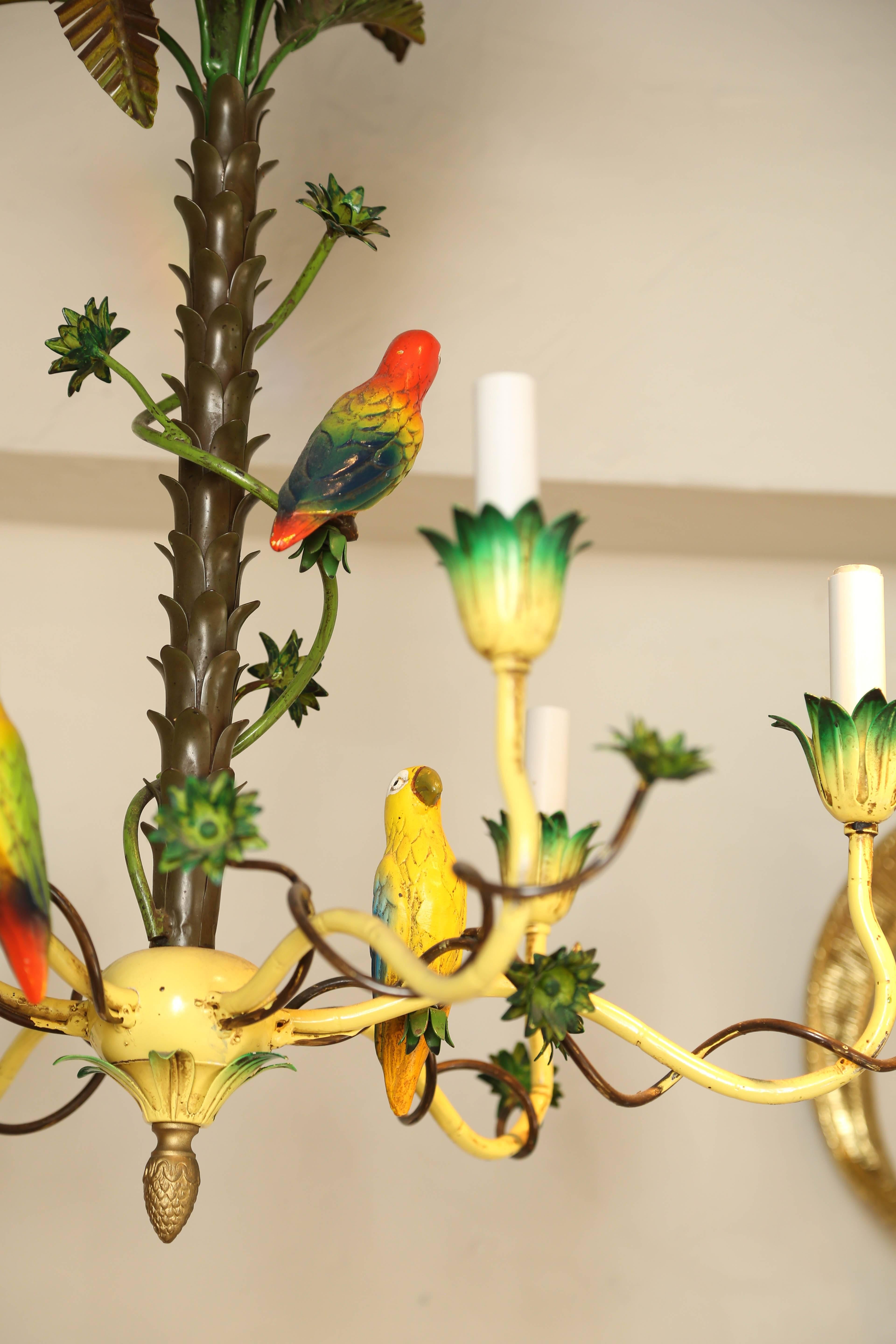 Italian Tole Palm Tree and Bird Chandelier In Good Condition In West Palm Beach, FL
