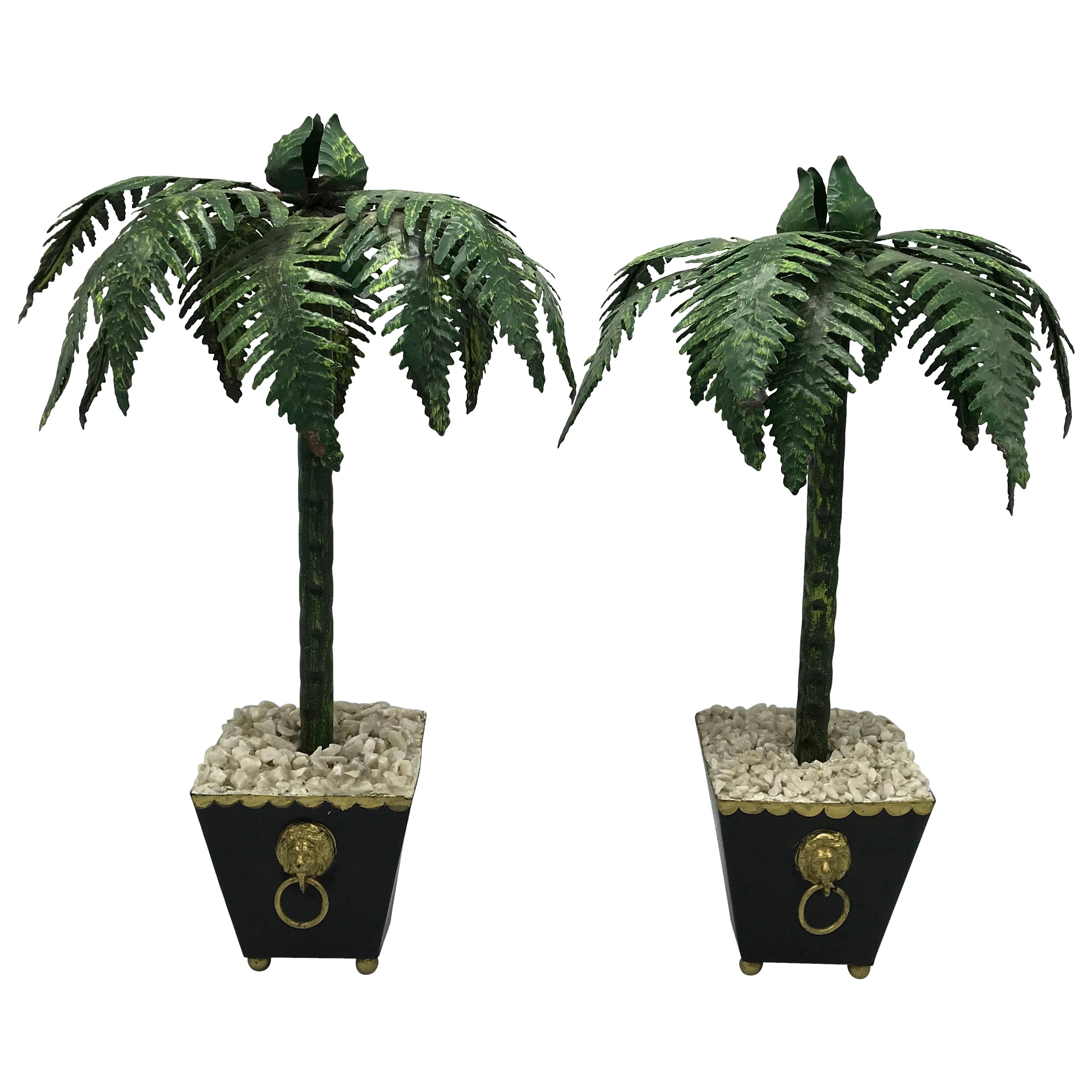 Italian Tole Palm Tree Sculptures, Pair, 1970s For Sale