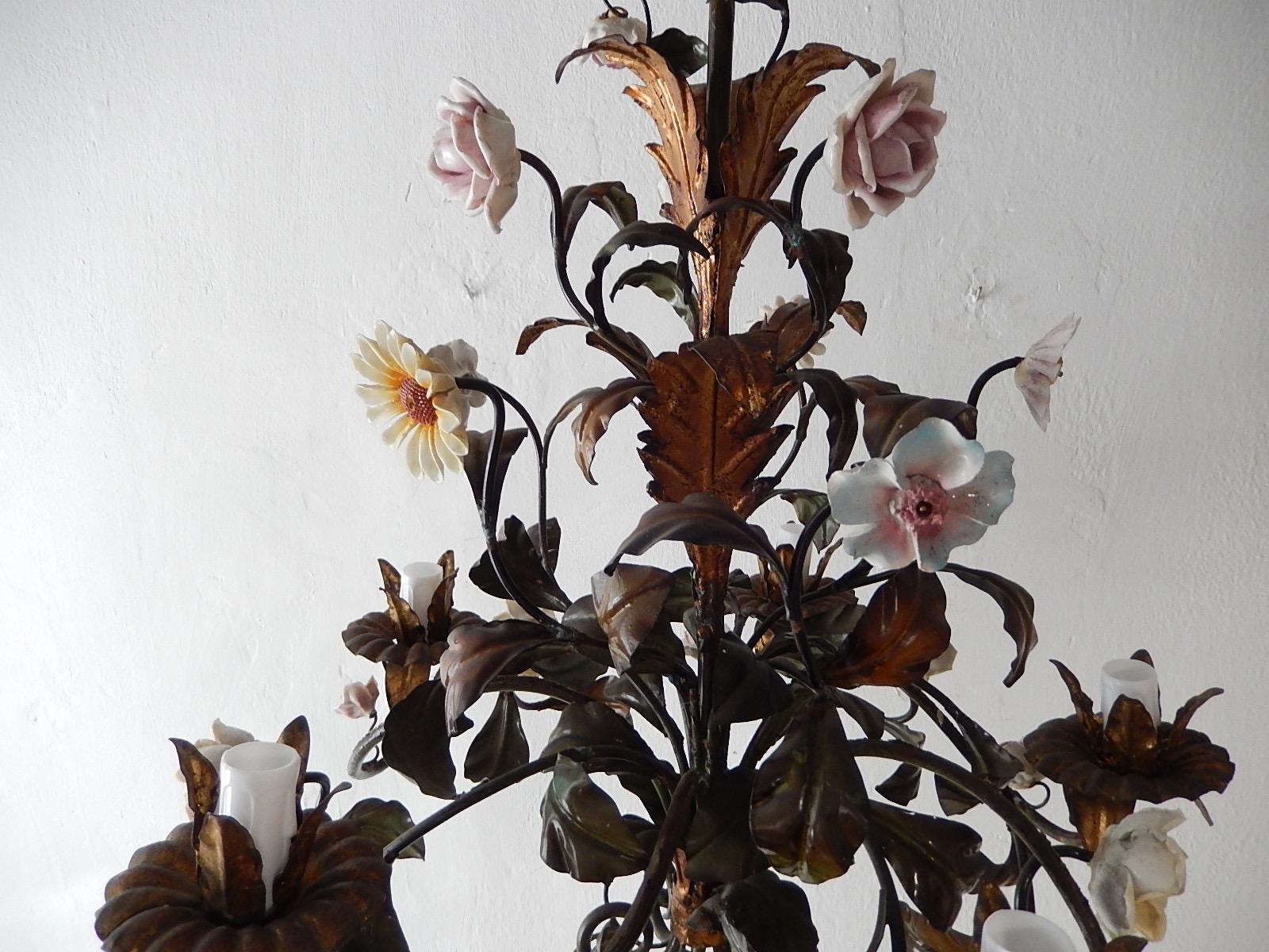 Italian Tole Polychrome Porcelain Roses and Flowers Chandelier, 1870 4