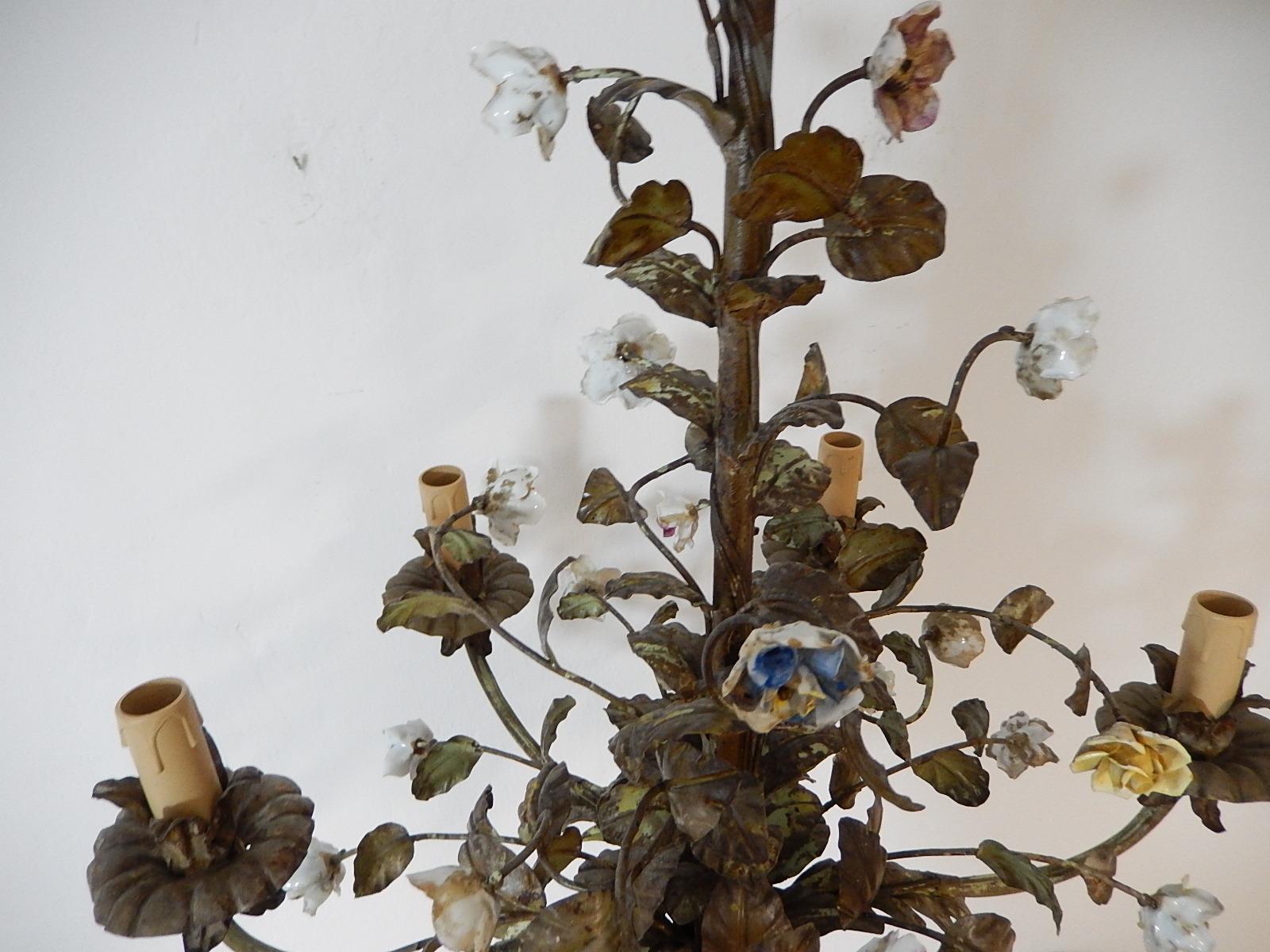 Italian Tole Polychrome Porcelain Roses and Flowers Chandelier, 1870 6