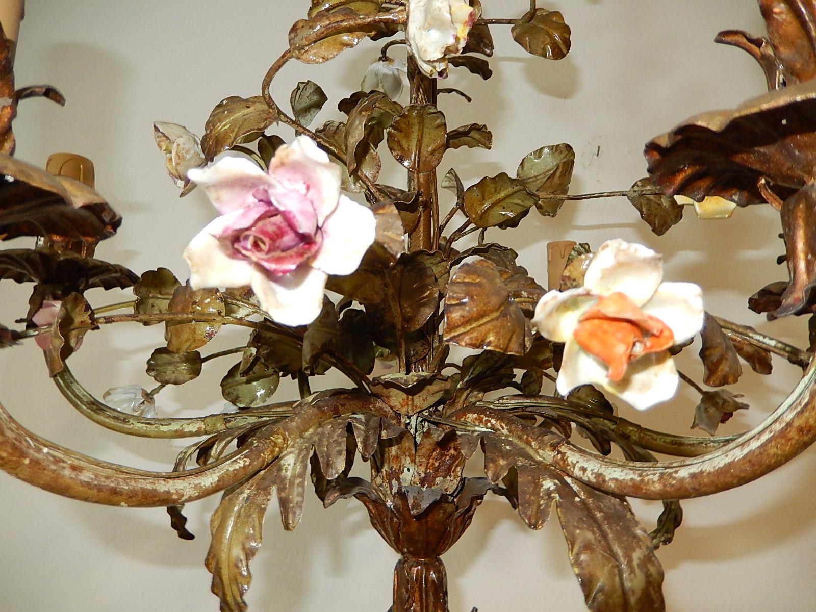 19th Century Italian Tole Polychrome Porcelain Roses and Flowers Chandelier, 1870