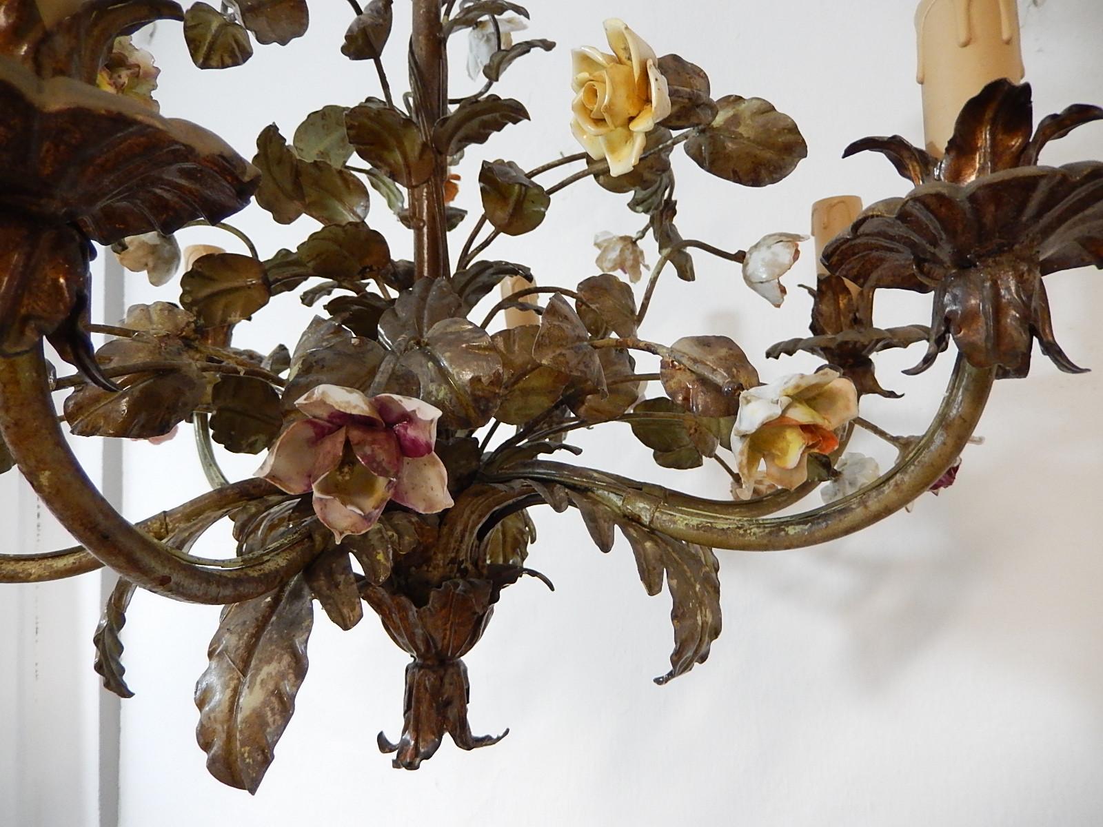 Italian Tole Polychrome Porcelain Roses and Flowers Chandelier, 1870 4
