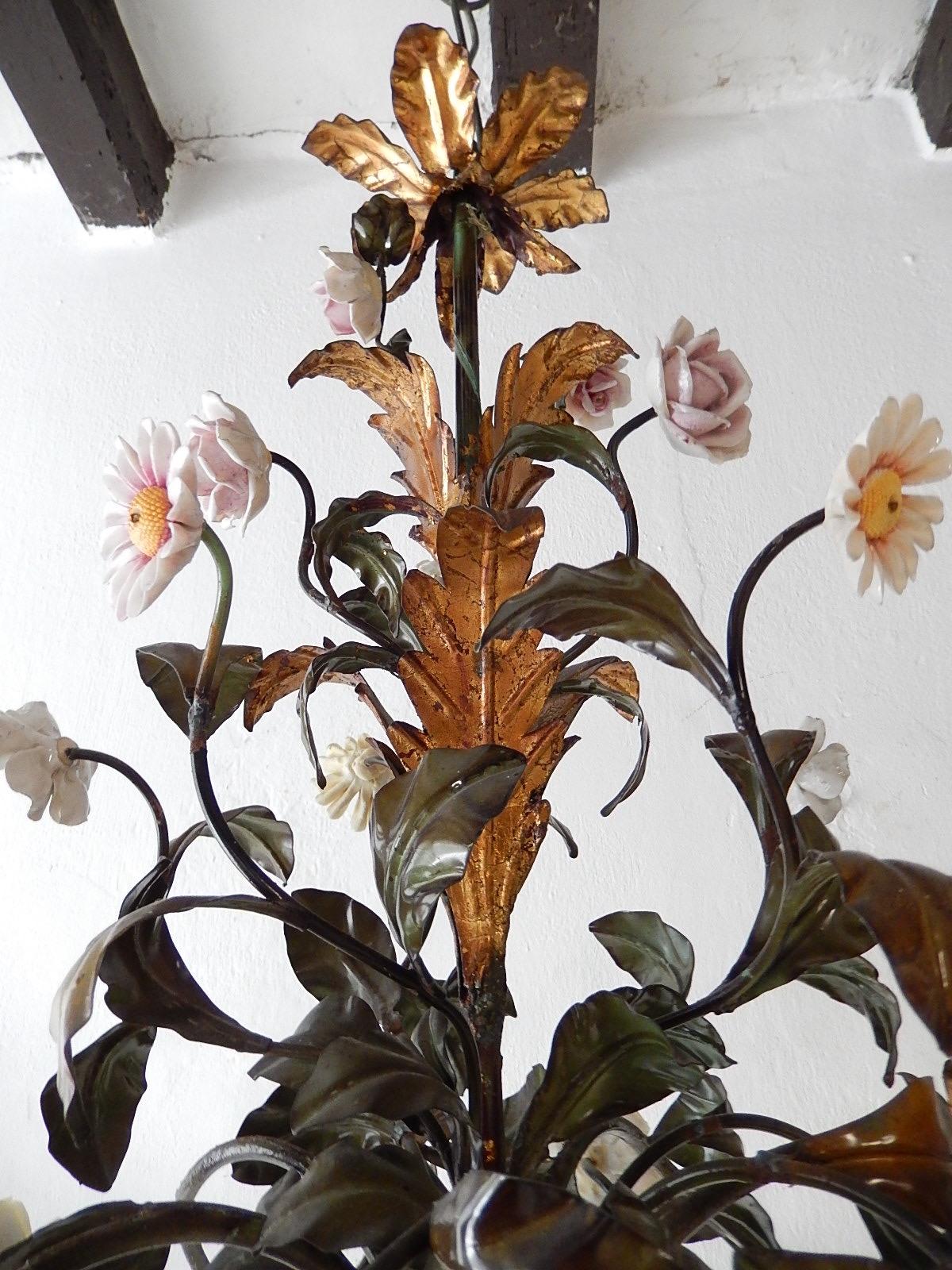 Italian Tole Polychrome Porcelain Roses and Flowers Chandelier, 1870 3