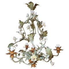 Antique Italian Tole Polychrome Porcelain Roses and Flowers Chandelier, 1870
