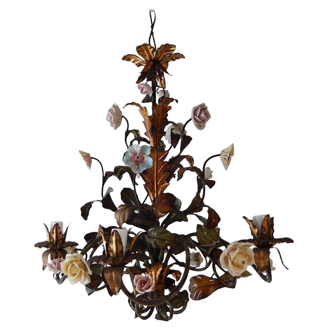 Italian Tole Polychrome Porcelain Roses and Flowers Chandelier, 1870