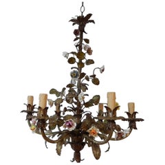 Antique Italian Tole Polychrome Porcelain Roses and Flowers Chandelier, 1870