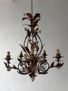 Italian Tole Porcelain Flowers Roses Gilt Metal Big Size c 1900