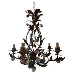 Italian Tole Porcelain Flowers Roses Gilt Metal Big Size c 1900 Italian Tole Porcelain Flowers Roses Gilt Metal Big Size c 1900