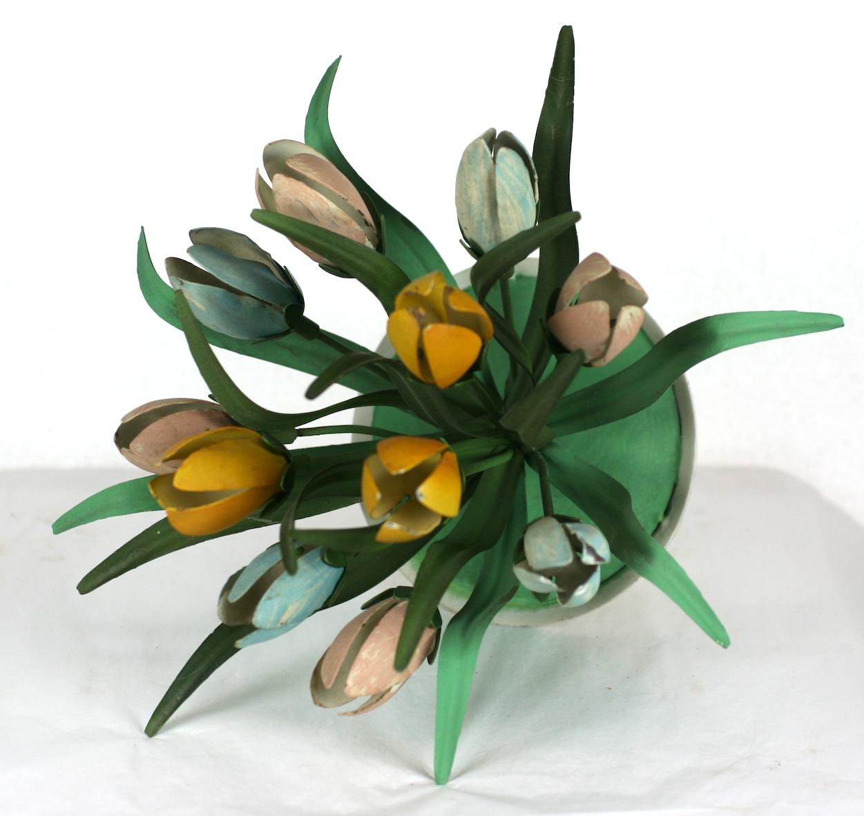 Painted Italian Tole Potted Tulips Table Ornament For Sale