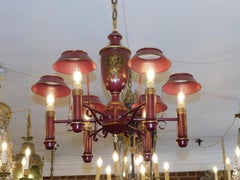 Italian Tole Red & Gilt Decorative Foliage Fruit Basket Shaded Chandelier 20th C