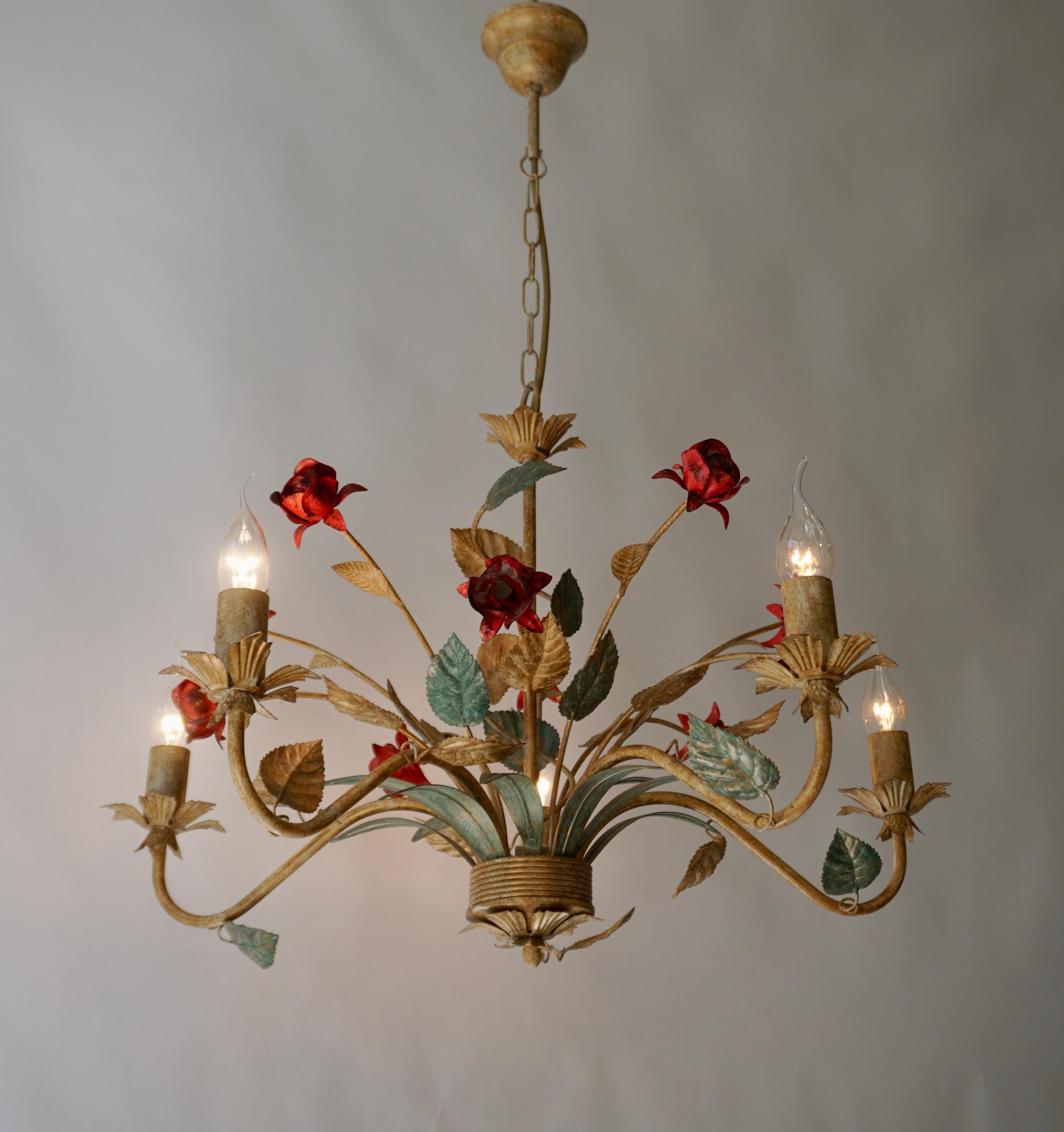 Italian Tole ware painted chandelier with Red Roses 5 Light.

Diameter 25.9