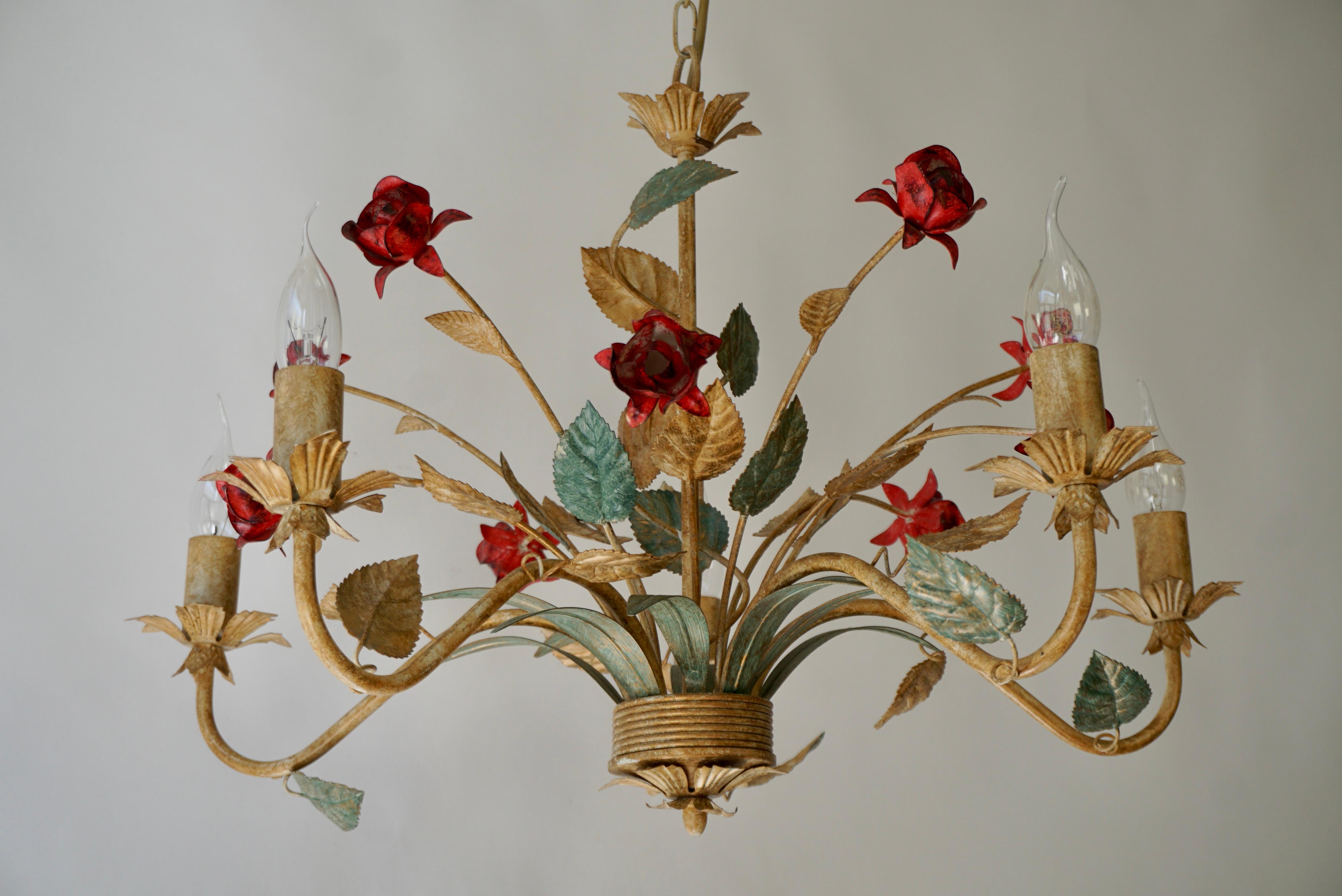 20th Century Italian Tole Ware Painted Chandelier with Red Roses 5 Light For Sale