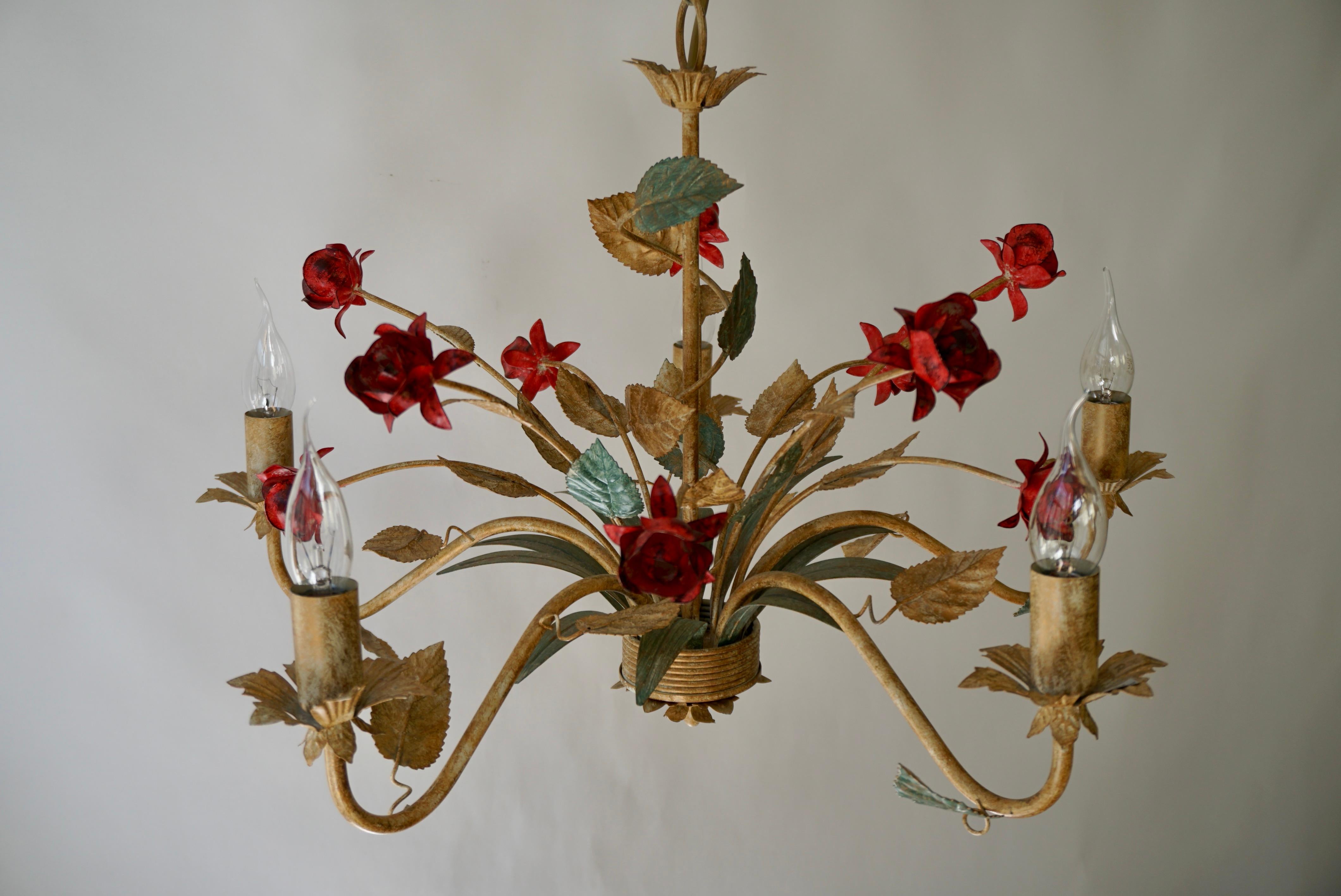 Metal Italian Tole Ware Painted Chandelier with Red Roses 5 Light For Sale
