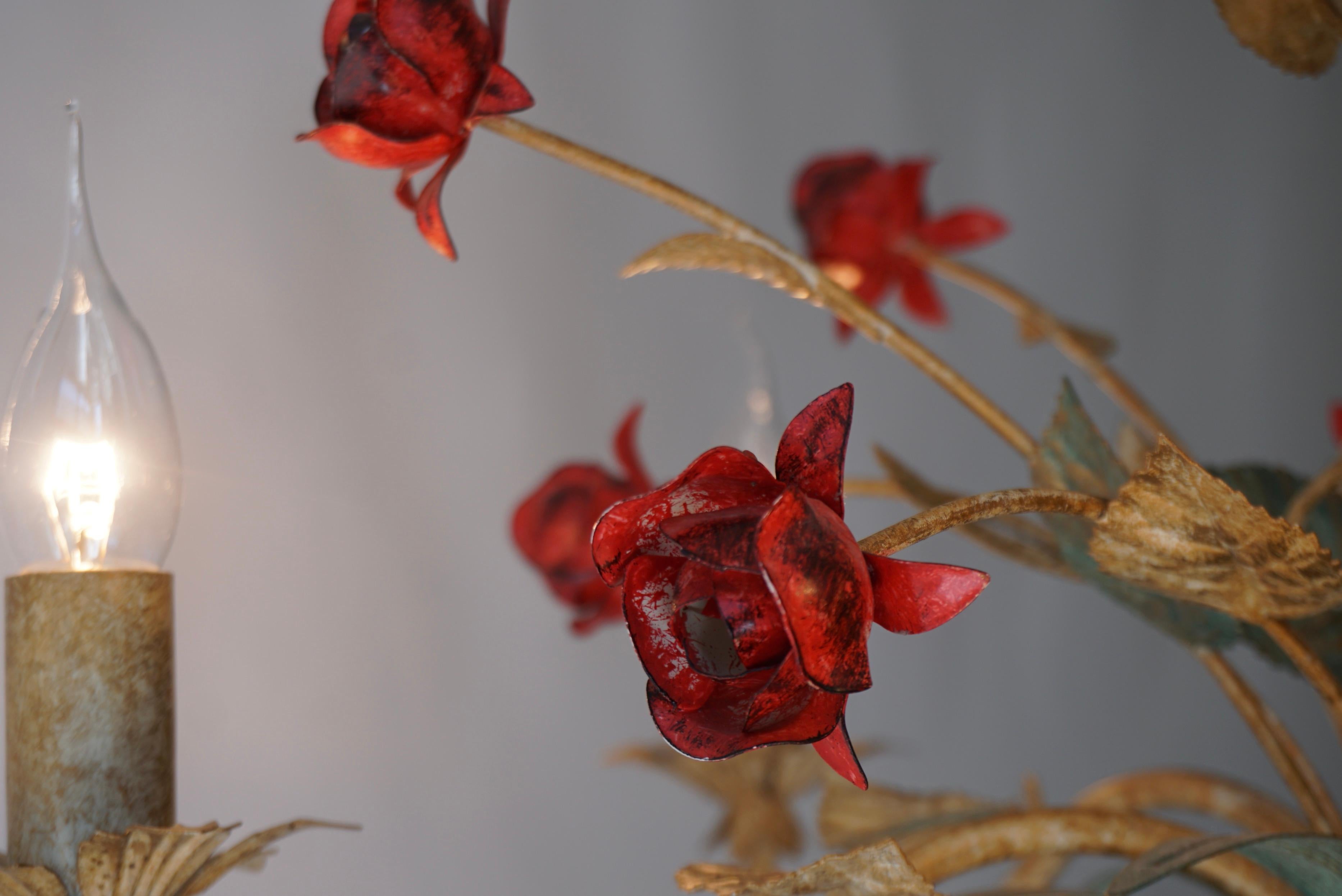 Italian Tole Ware Painted Chandelier with Red Roses 5 Light 1