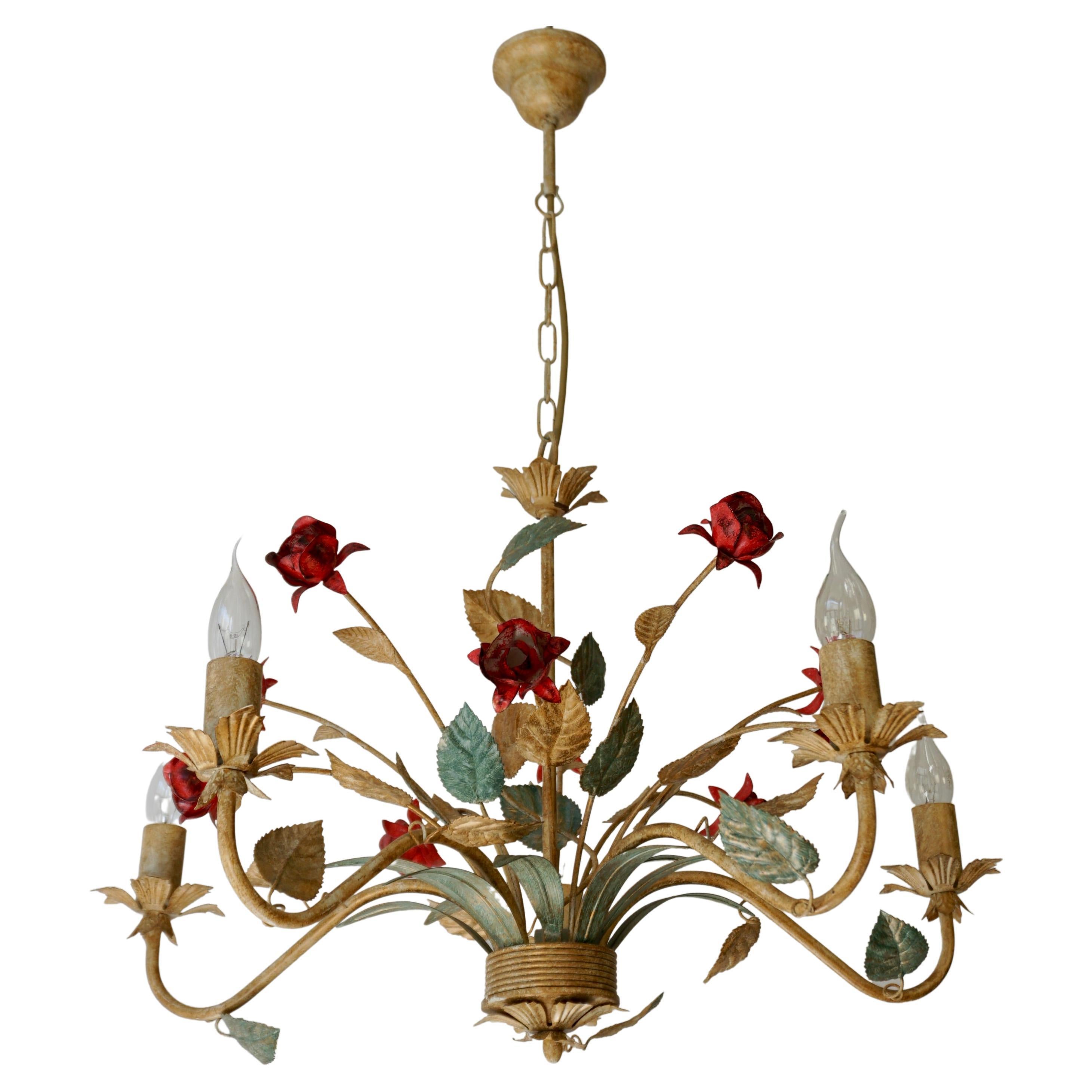 Italian Tole Ware Painted Chandelier with Red Roses 5 Light For Sale