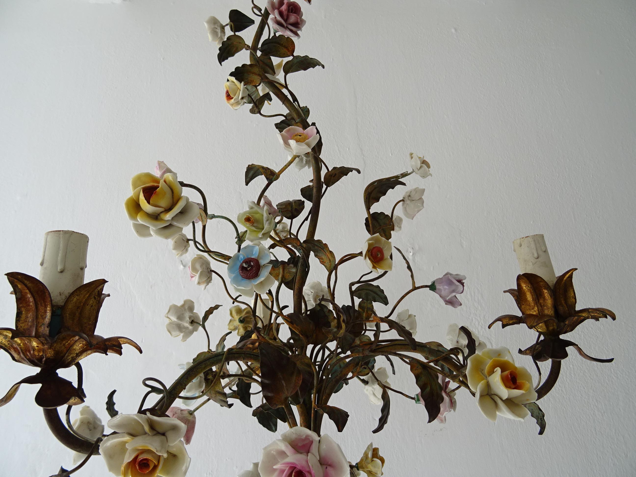 Italian Tole with Porcelain Flowers Polychrome Chandelier, circa 1870 7