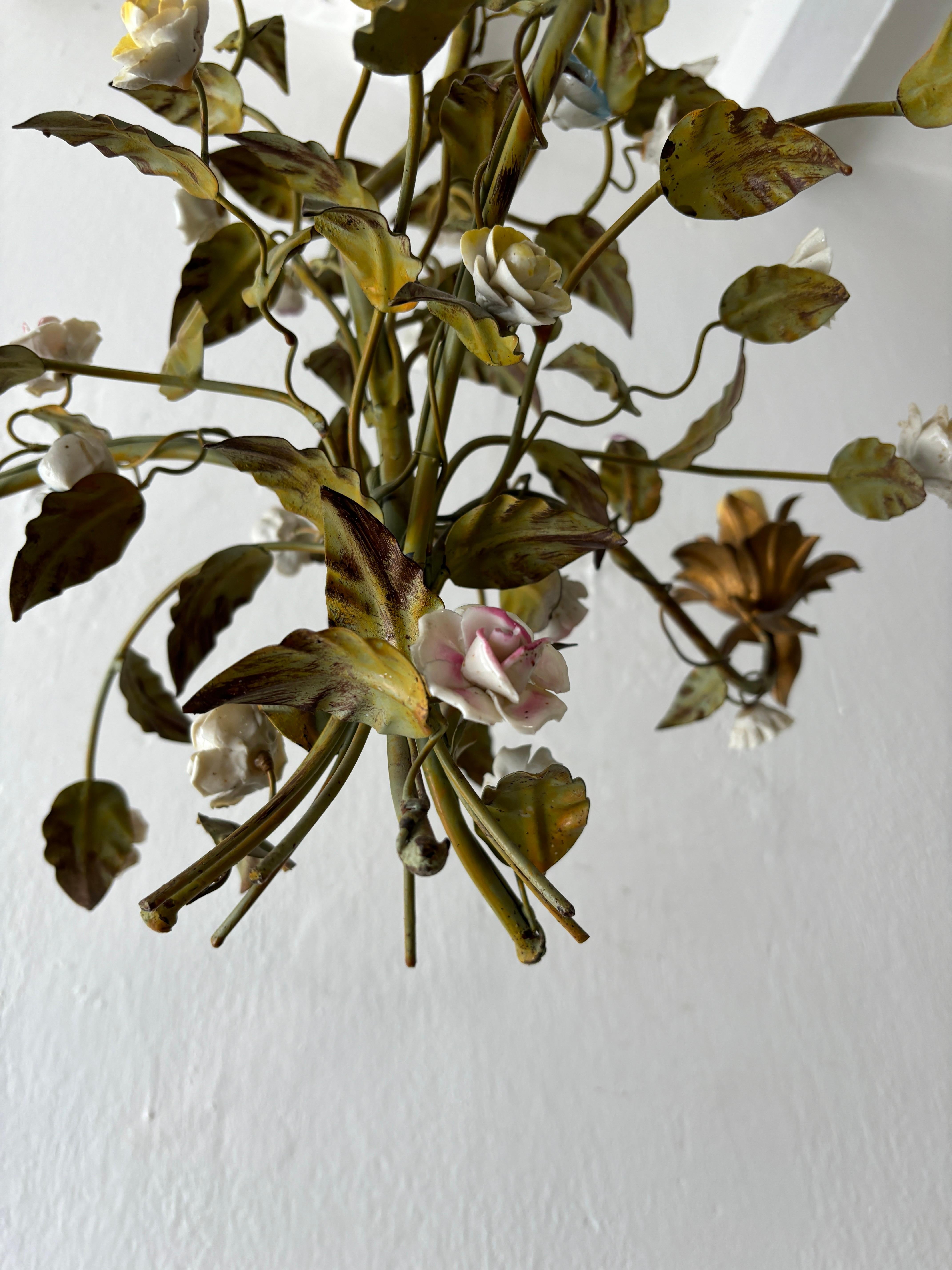 Italian Tole with Porcelain Flowers Polychrome Chandelier, circa 1870 8