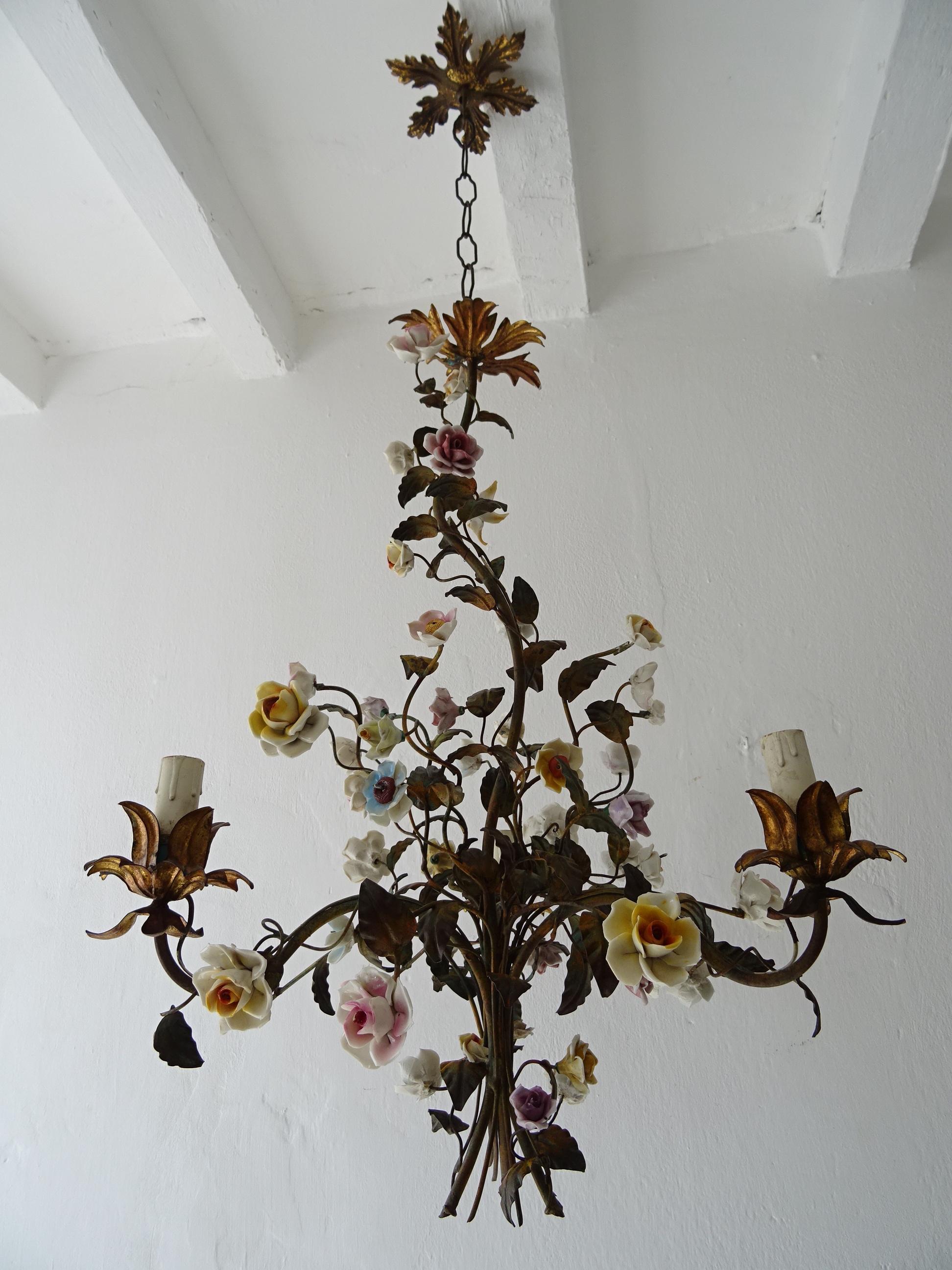 19th Century Italian Tole with Porcelain Flowers Polychrome Chandelier, circa 1870