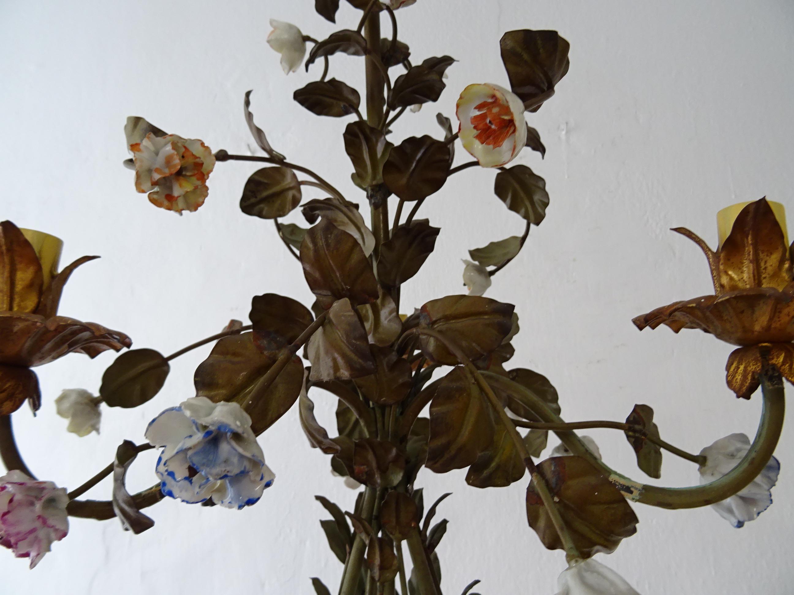 19th Century Italian Tole with Porcelain Flowers Polychrome Chandelier, circa 1870