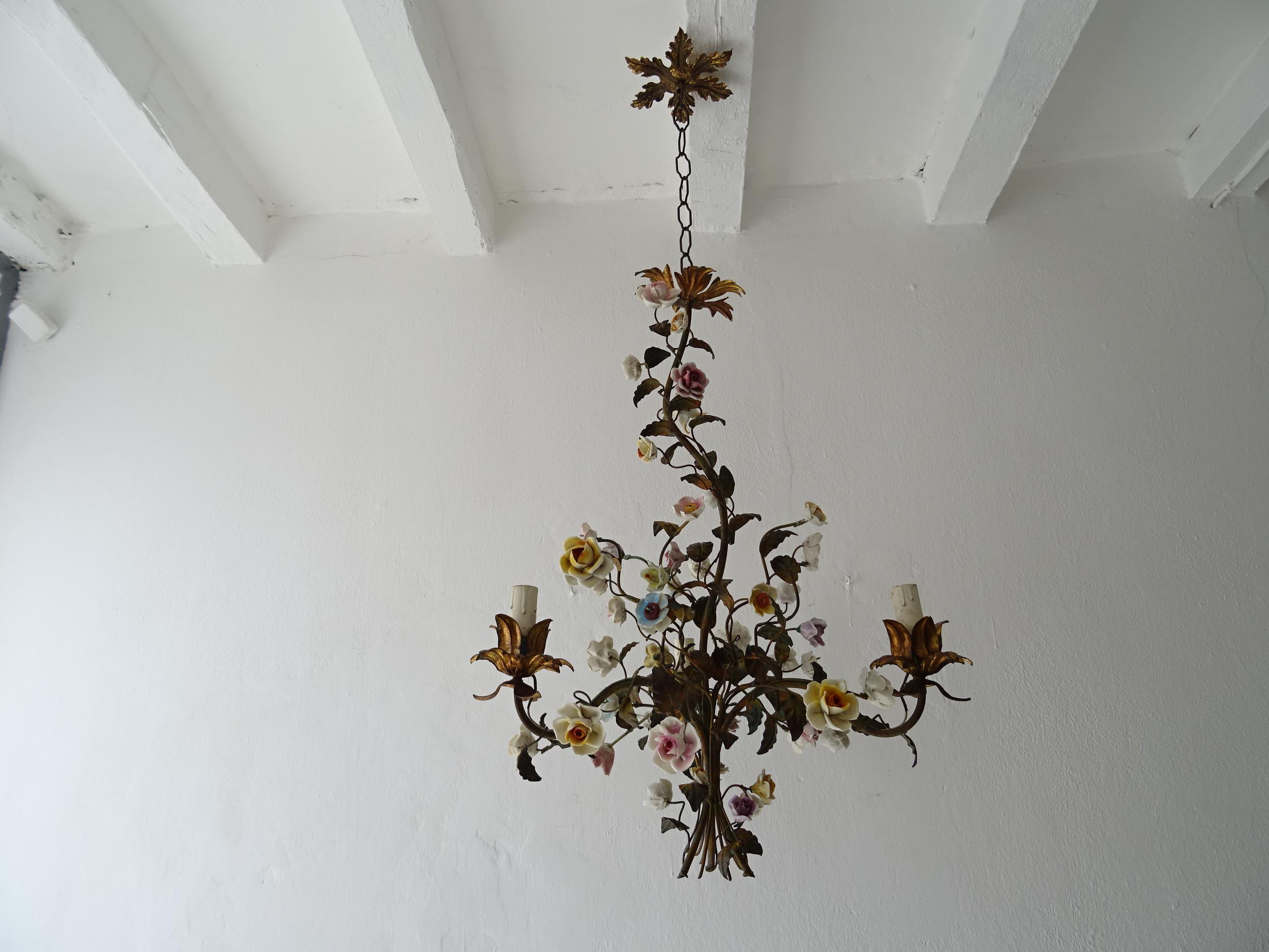 Italian Tole with Porcelain Flowers Polychrome Chandelier, circa 1870 1