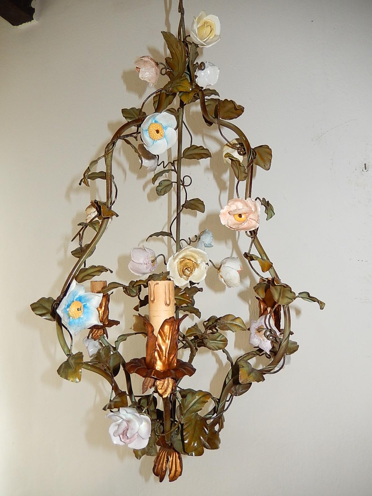 Italian Tole with Porcelain Flowers Polychrome Chandelier, circa 1870 2