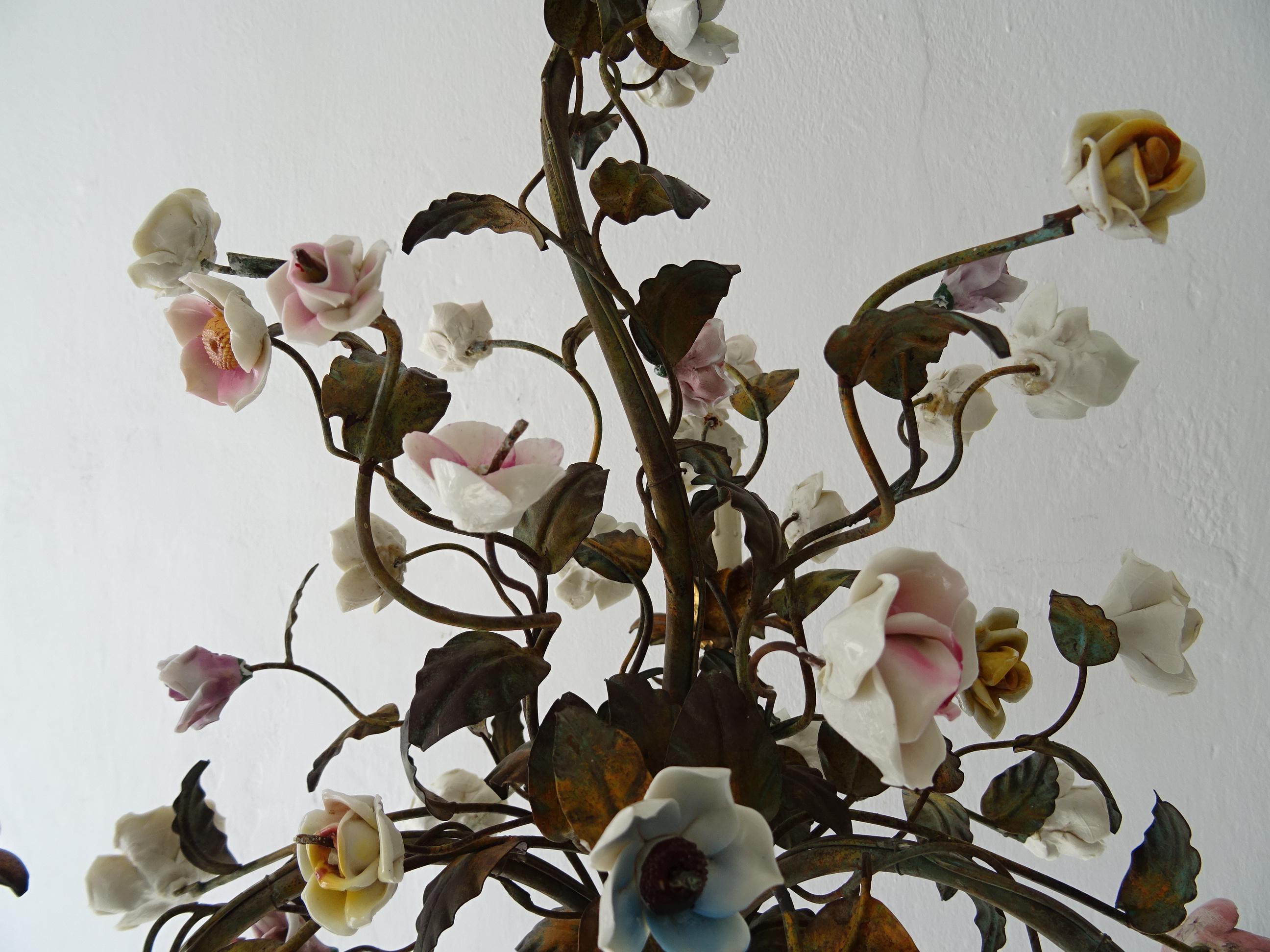 Italian Tole with Porcelain Flowers Polychrome Chandelier, circa 1870 3