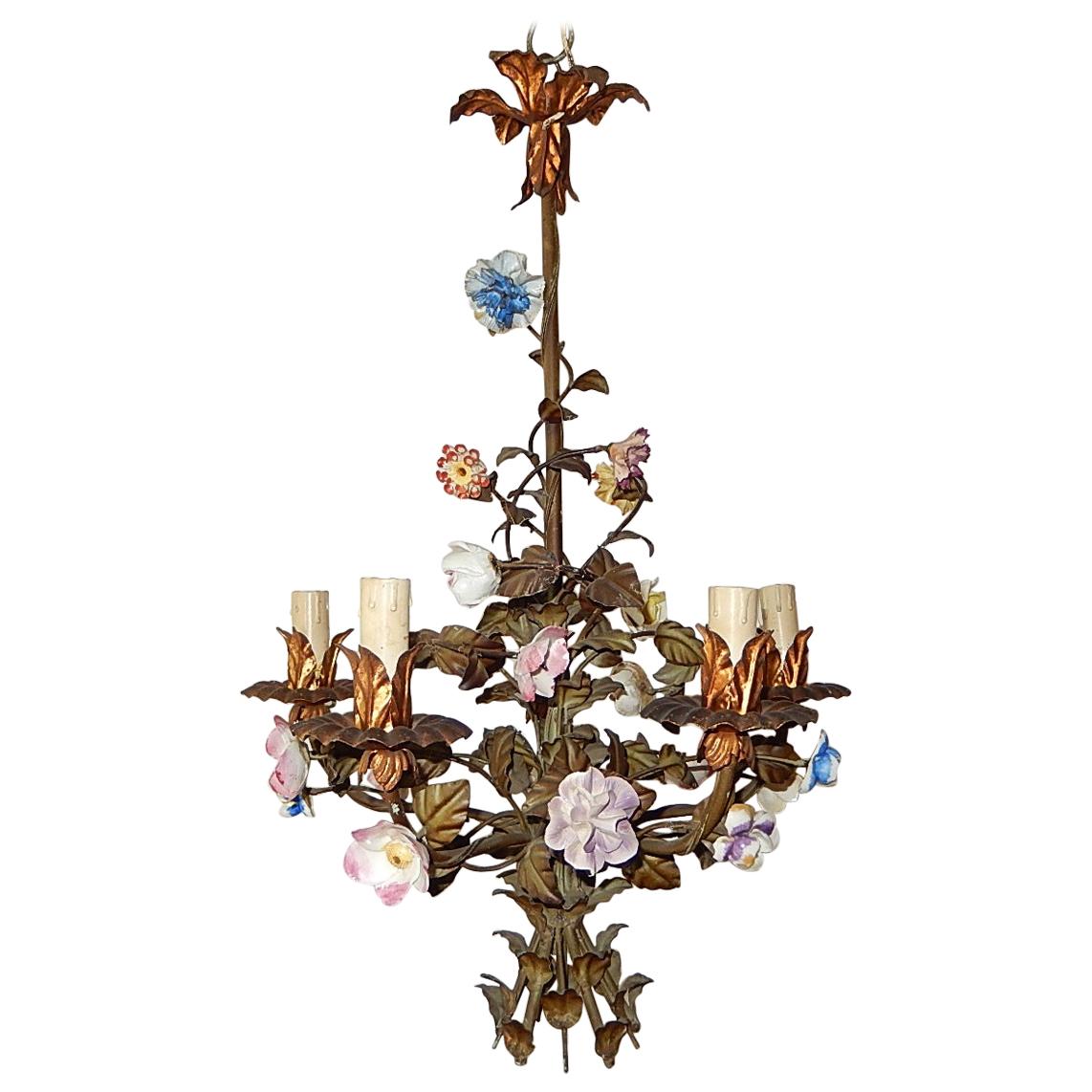 Italian Tole with Porcelain Flowers Polychrome Chandelier, circa 1870