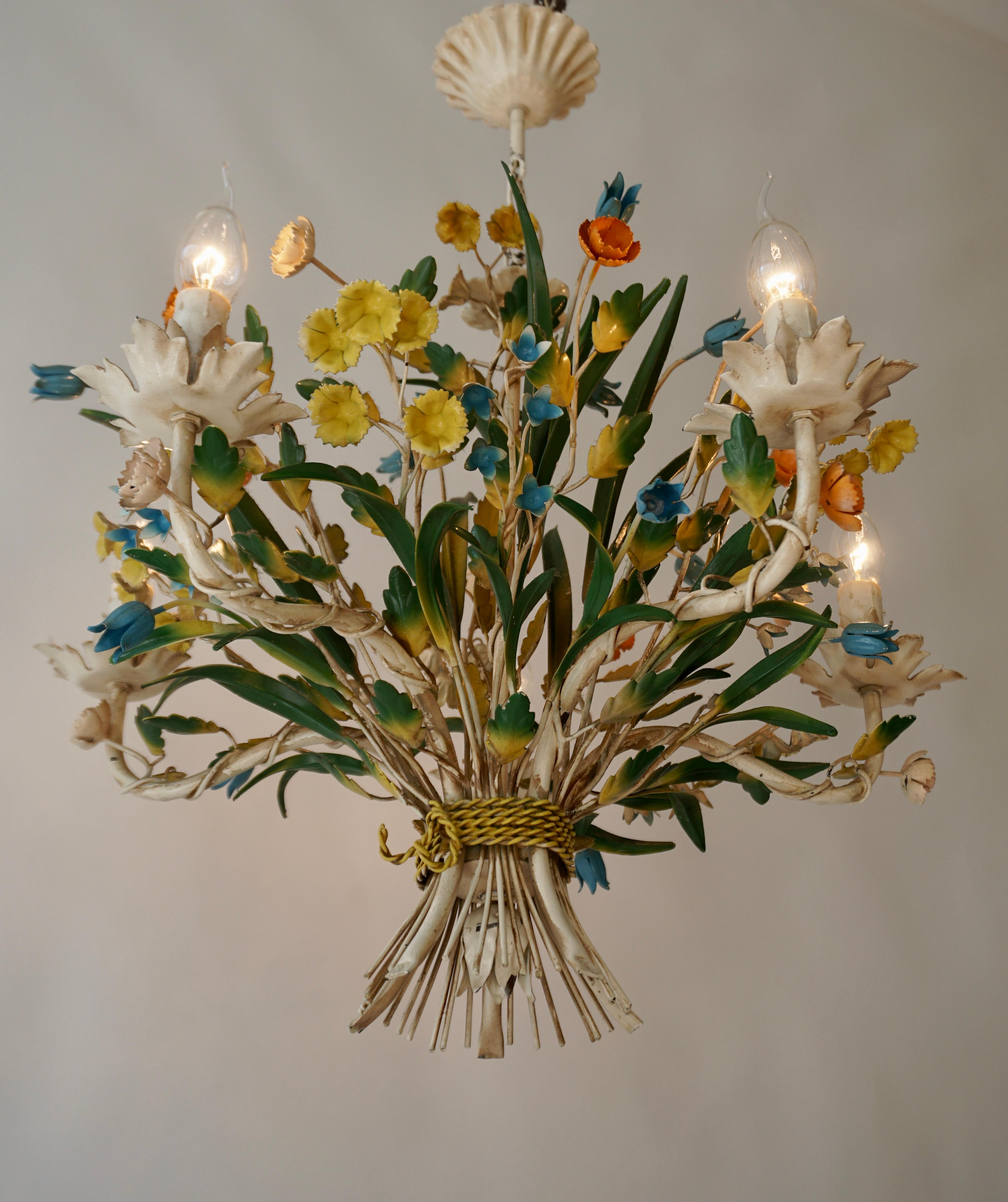 Mid-Century Modern Italian Tole with Porcelain Flowers Polychrome Chandelier  For Sale