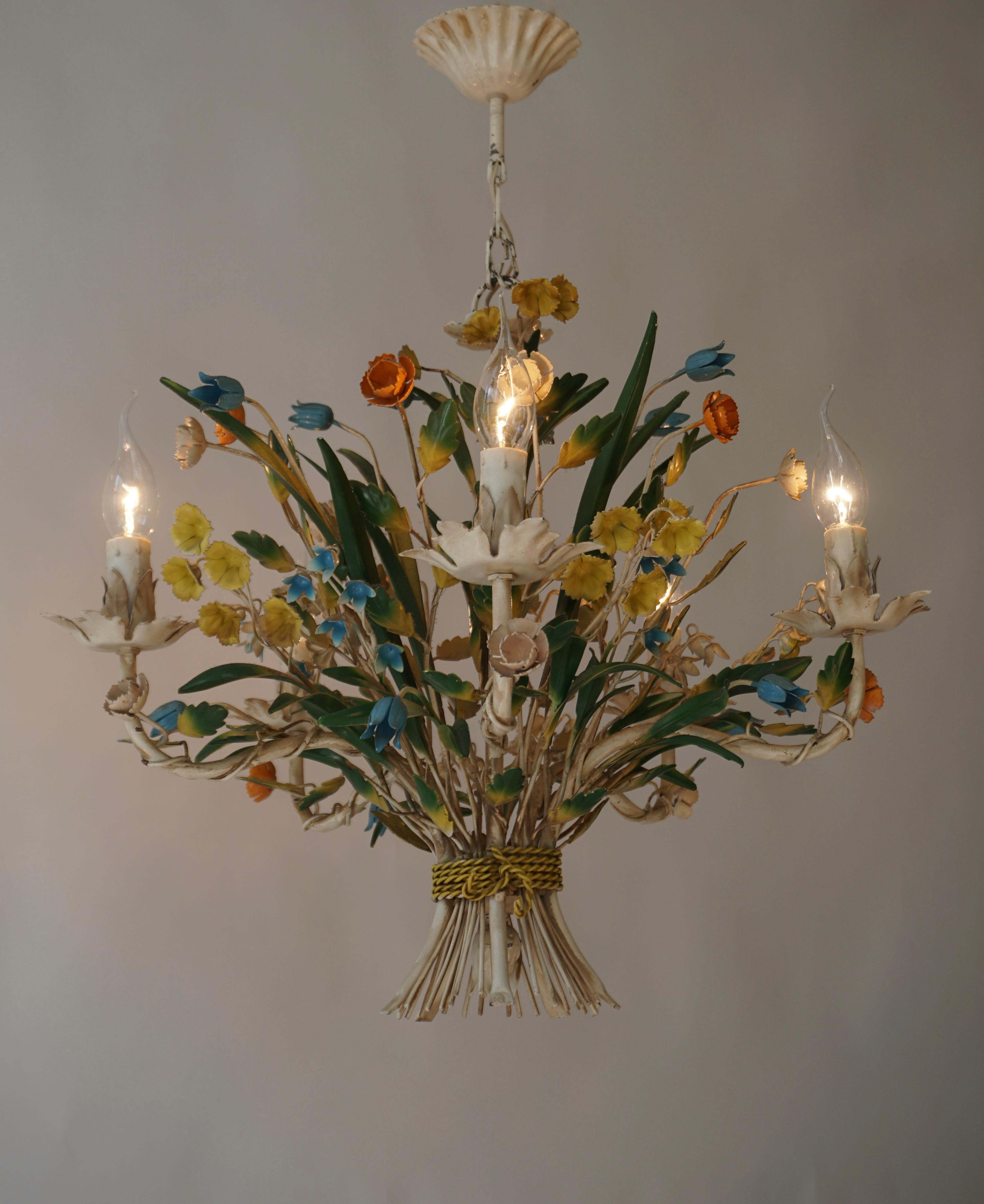 Metal Italian Tole with Porcelain Flowers Polychrome Chandelier  For Sale