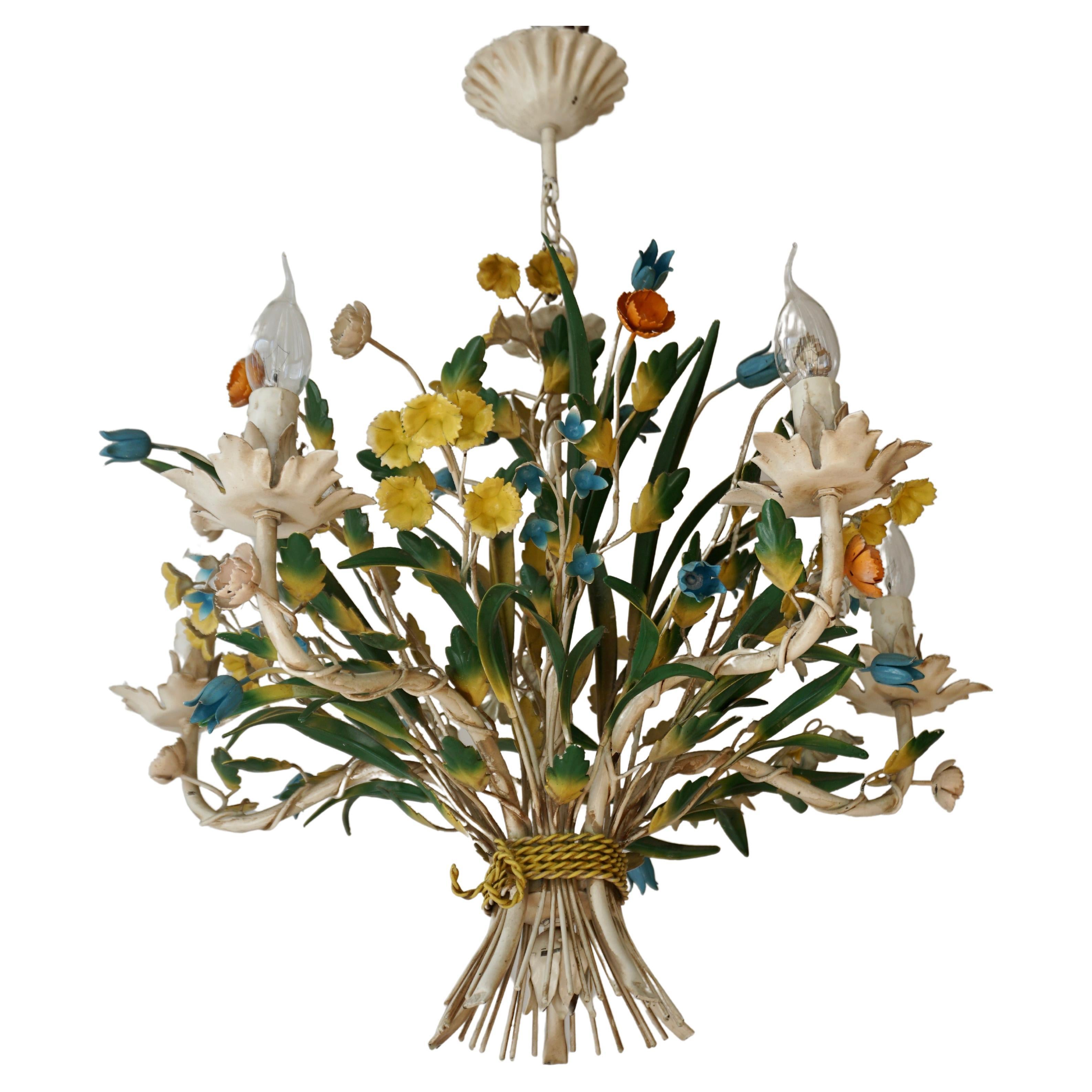 Italian Tole with Porcelain Flowers Polychrome Chandelier 