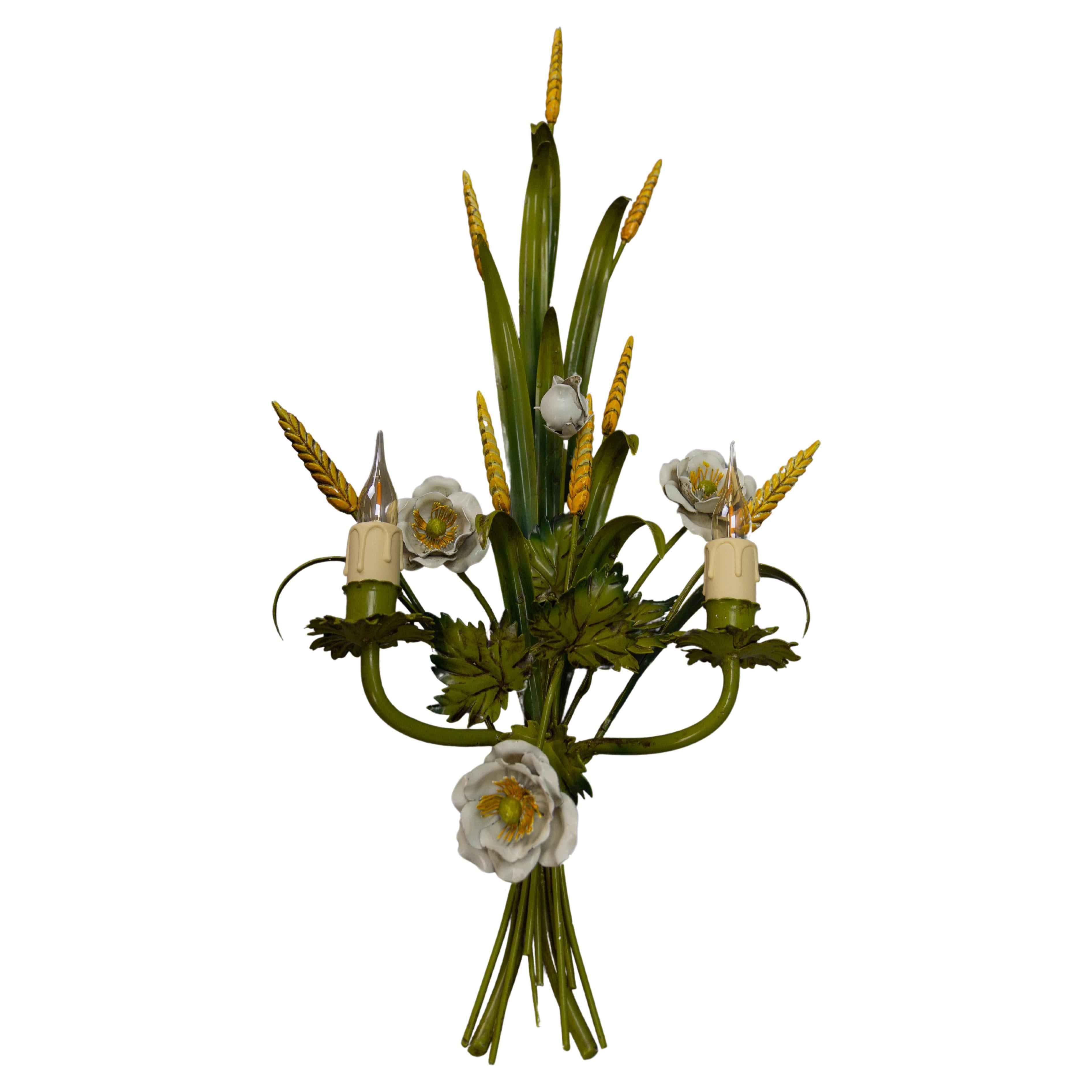Italian Toleware  White Poppy and Wheat Green Floral Bouquet Two-Light Sconce For Sale