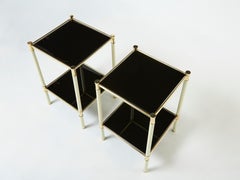 Italian Tommaso Barbi Two-Tier Brass off White Black End Tables, 1970s