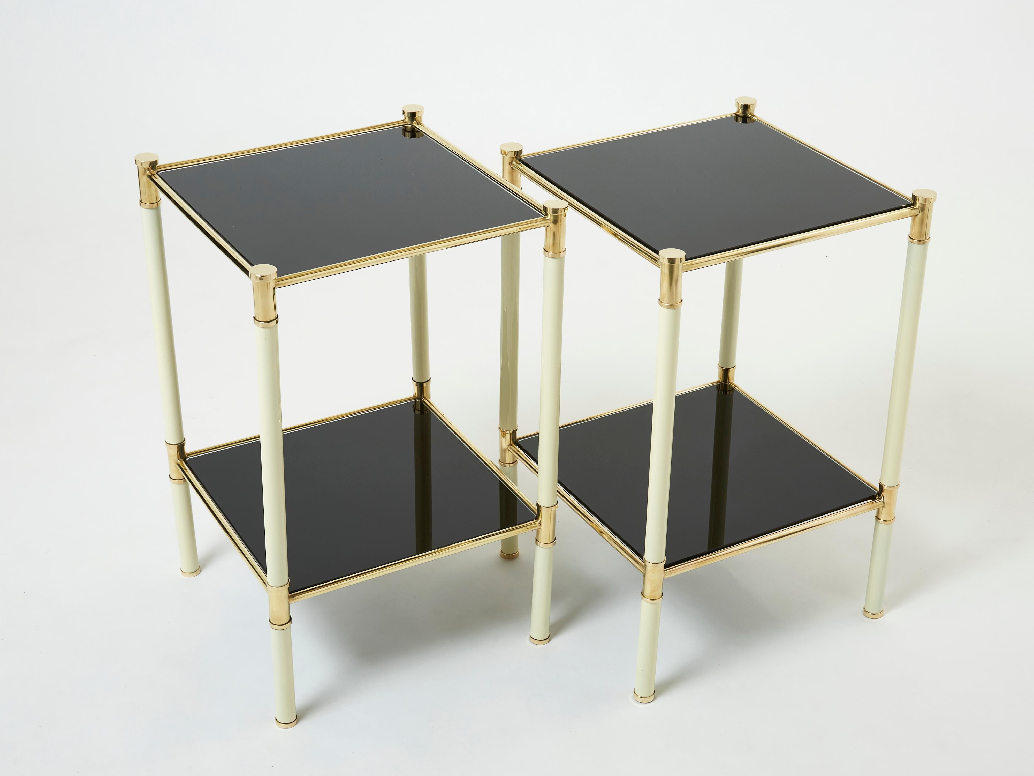Mid-Century Modern Italian Tommaso Barbi Two-Tier Brass off White Black End Tables, 1970s For Sale