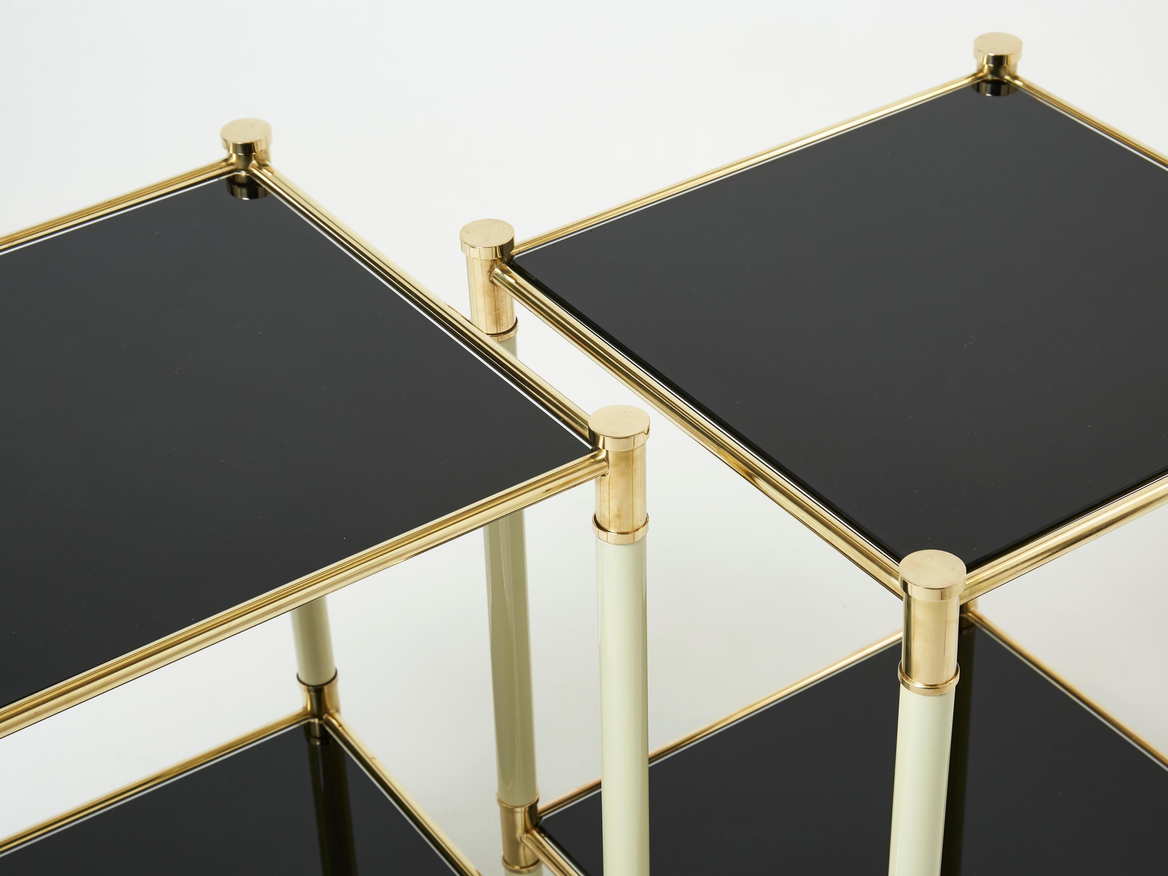 Italian Tommaso Barbi Two-Tier Brass off White Black End Tables, 1970s In Good Condition For Sale In Paris, IDF