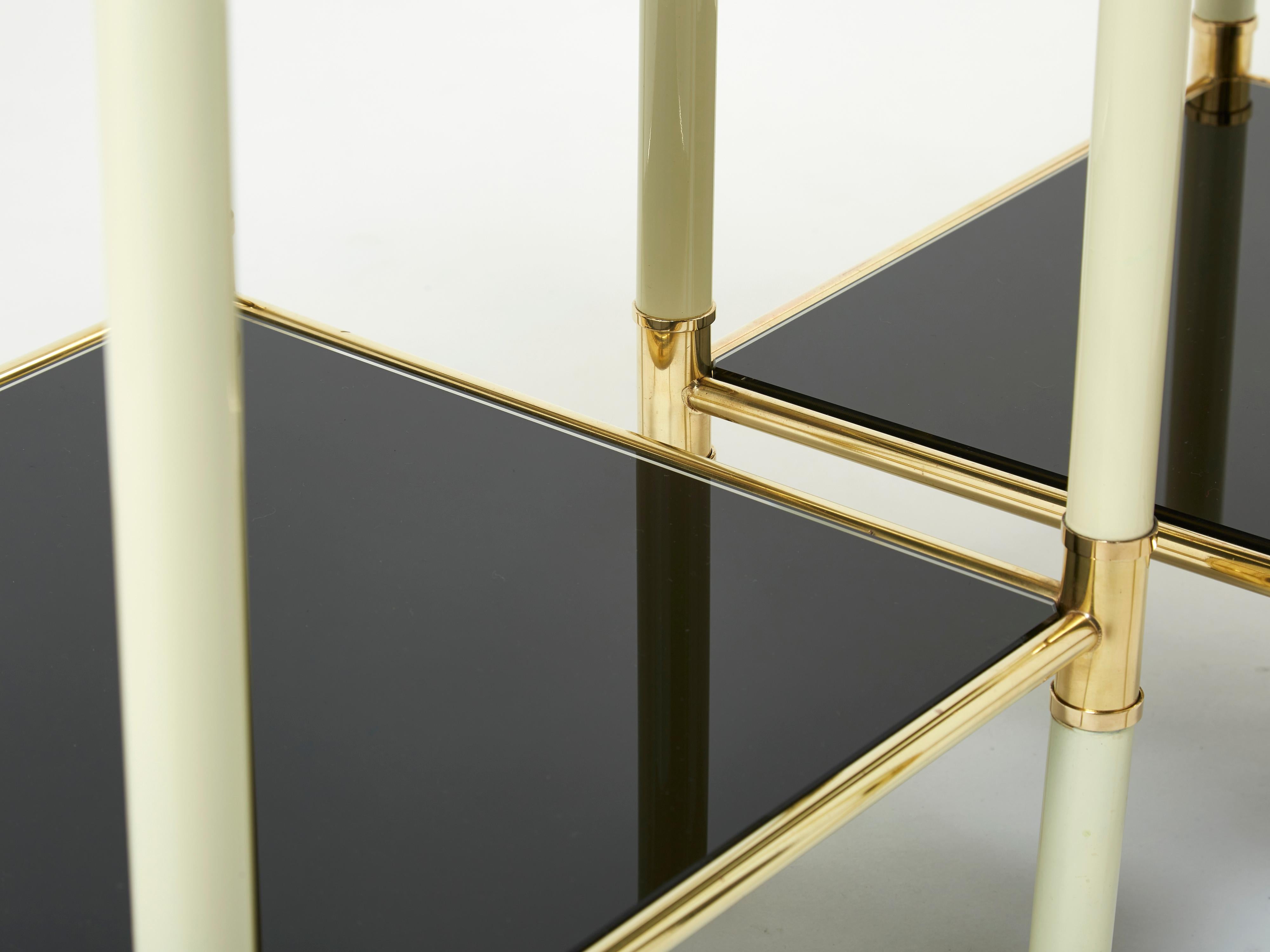 Italian Tommaso Barbi Two-Tier Brass off White Black End Tables, 1970s For Sale 1