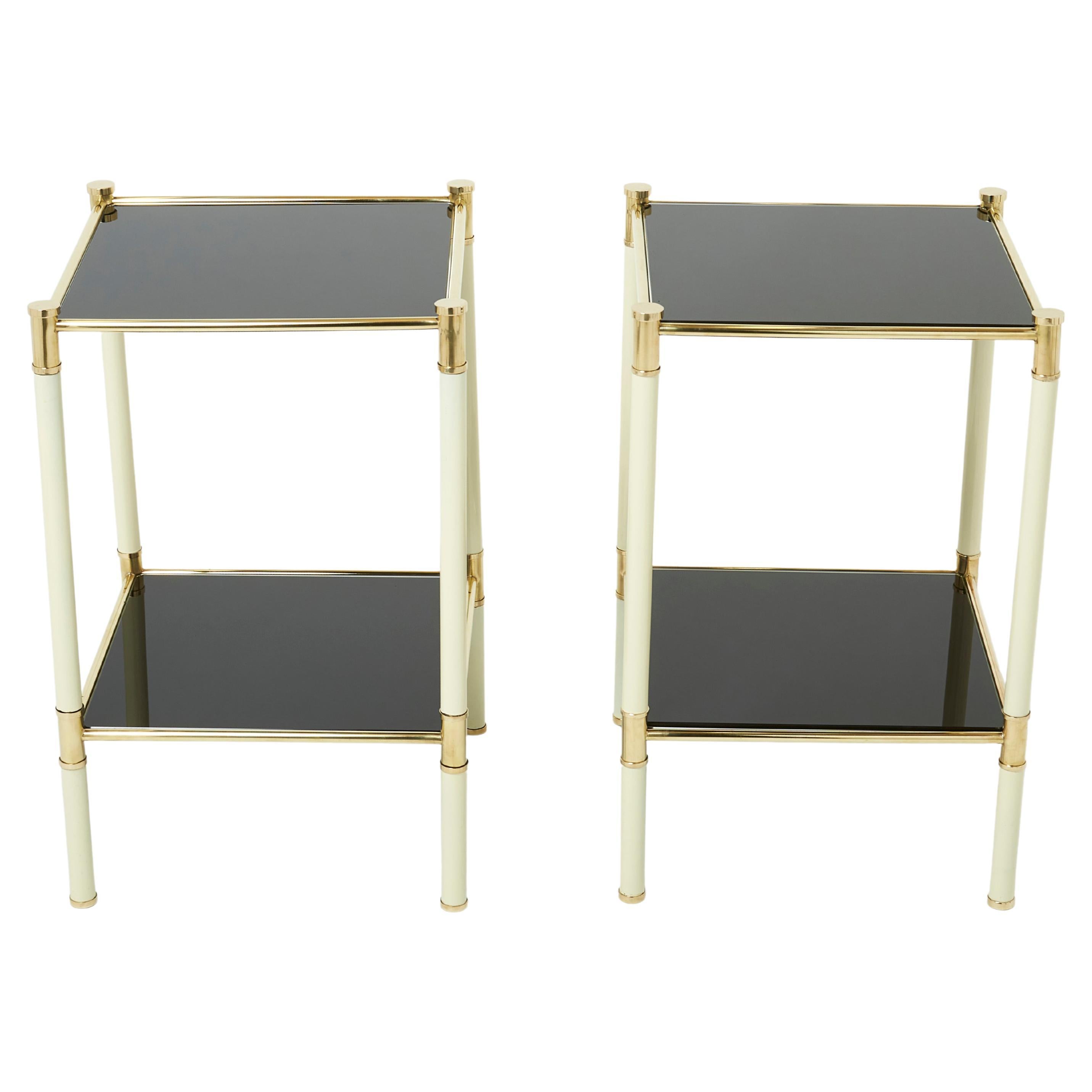 Italian Tommaso Barbi Two-Tier Brass off White Black End Tables, 1970s For Sale