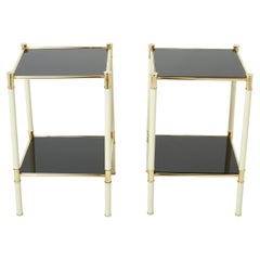Vintage Italian Tommaso Barbi Two-Tier Brass off White Black End Tables, 1970s