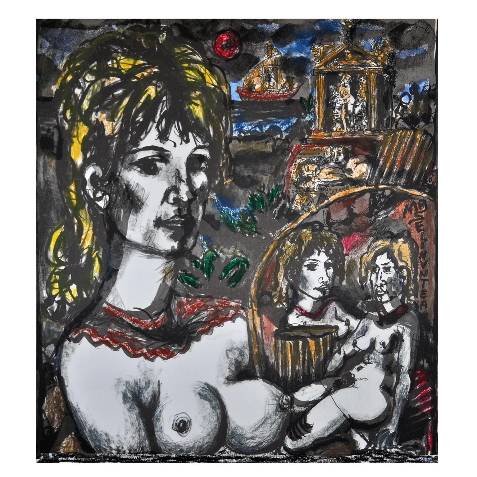 Italian Tono Femile Nude Portrait Painting in Grease Wax on Lithographed Paper For Sale