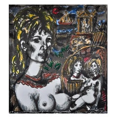 Italian Tono Femile Nude Portrait Painting in Grease Wax on Lithographed Paper