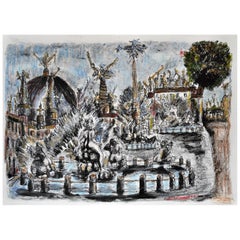 Italian Tono Navona Square Landscape Painting in Grease Wax, Lithographed Paper 