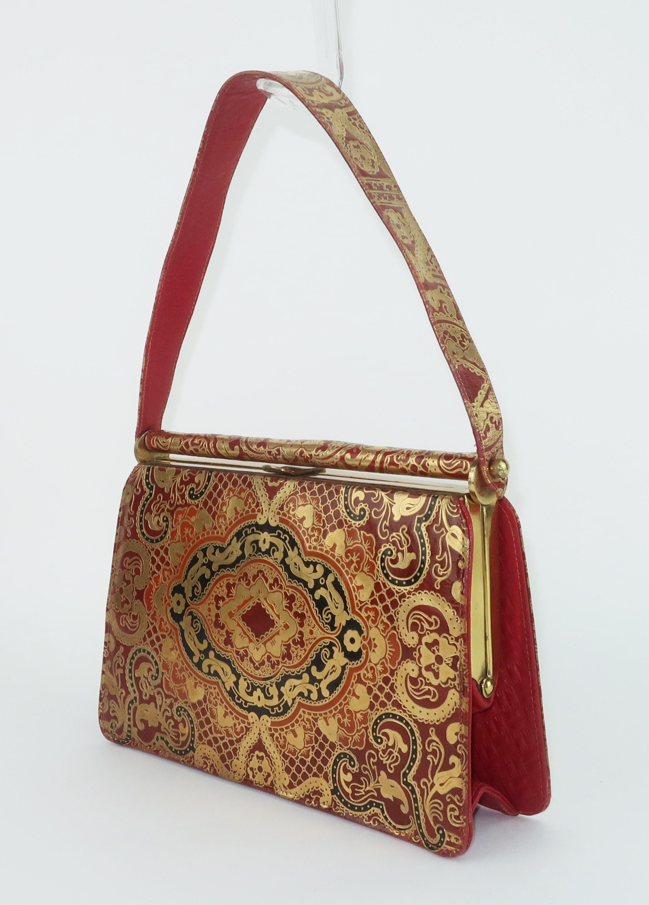 Italian Tooled Leather Handbag, 1950's In Good Condition In Atlanta, GA