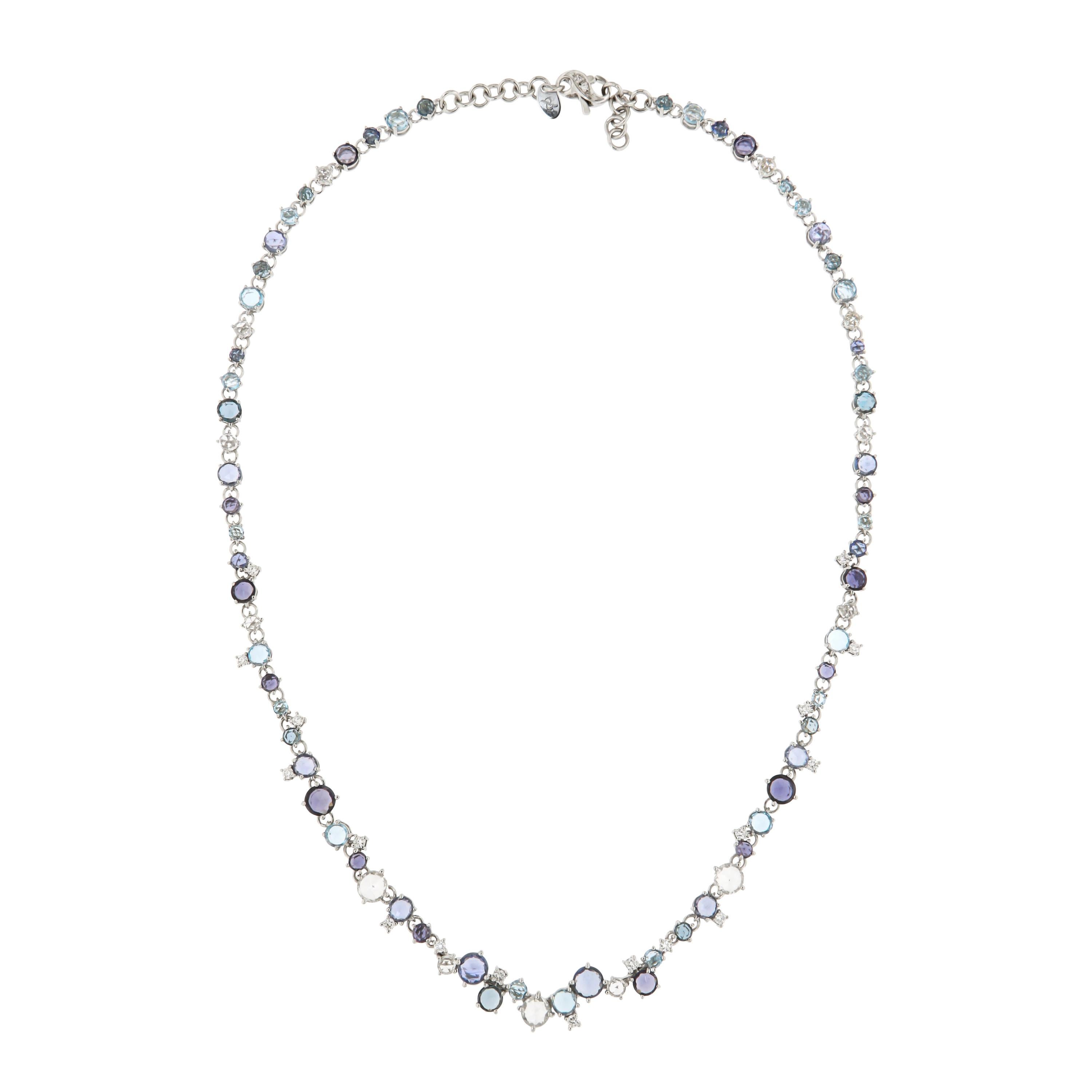 Italian Topaz Blue Sapphire Diamond Cocktail White 18k Gold Necklace for Her For Sale