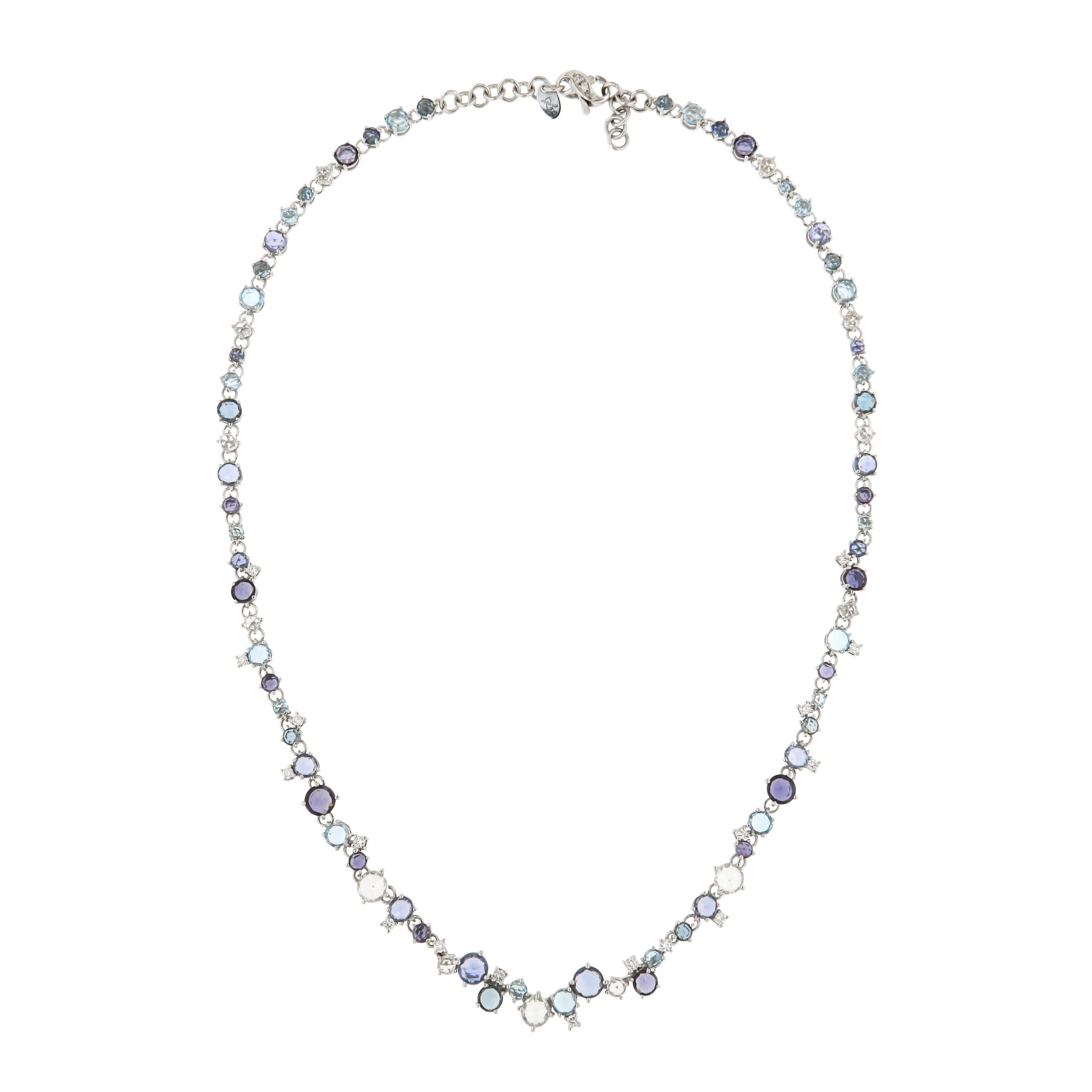Italienische Cocktail-Halskette aus 18 Karat Gold mit italienischem Topas, blauem Saphir und Diamant im Angebot