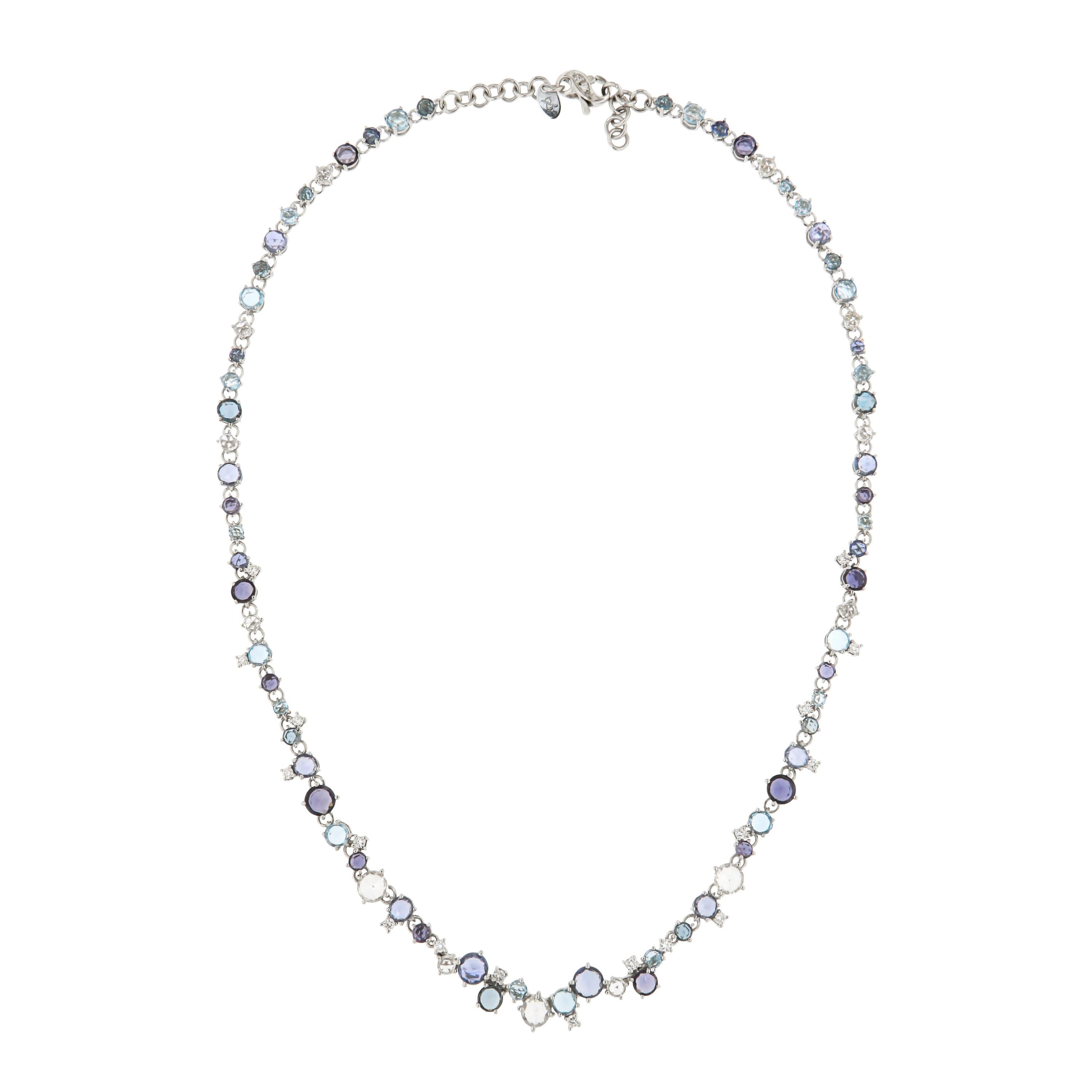 Italian Topaz Blue Sapphire Diamond Cocktail White 18k Gold Necklace for Her