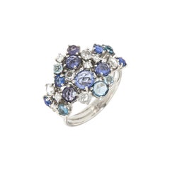 Bague pour elle en or 18 carats, Topaze bleue, Saphir bleu, Diamant, Cocktail blanc